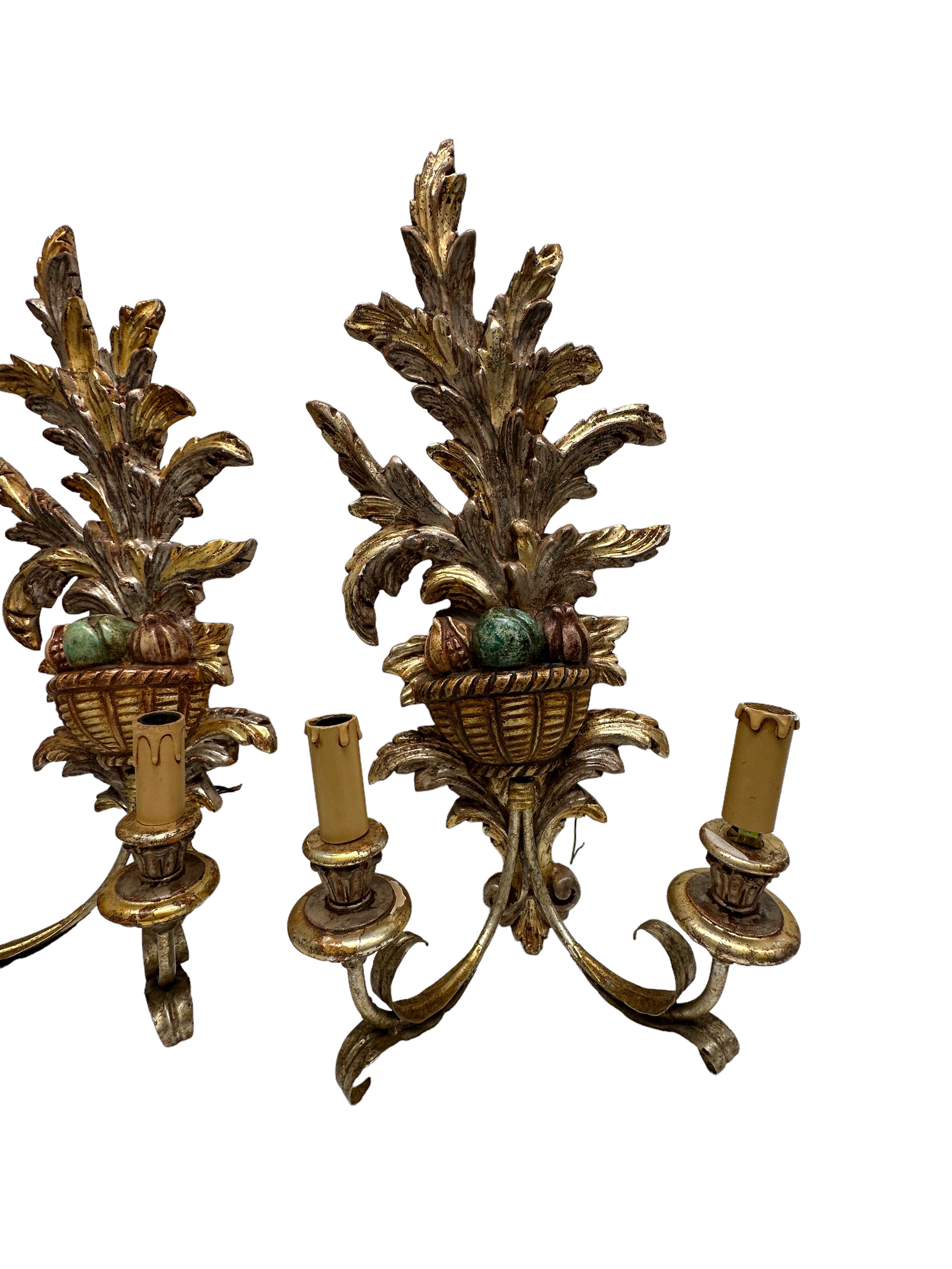Hand-Carved Monumental Pair of Wooden Carved Tole Toleware Sconces Silver & Gilt For Sale
