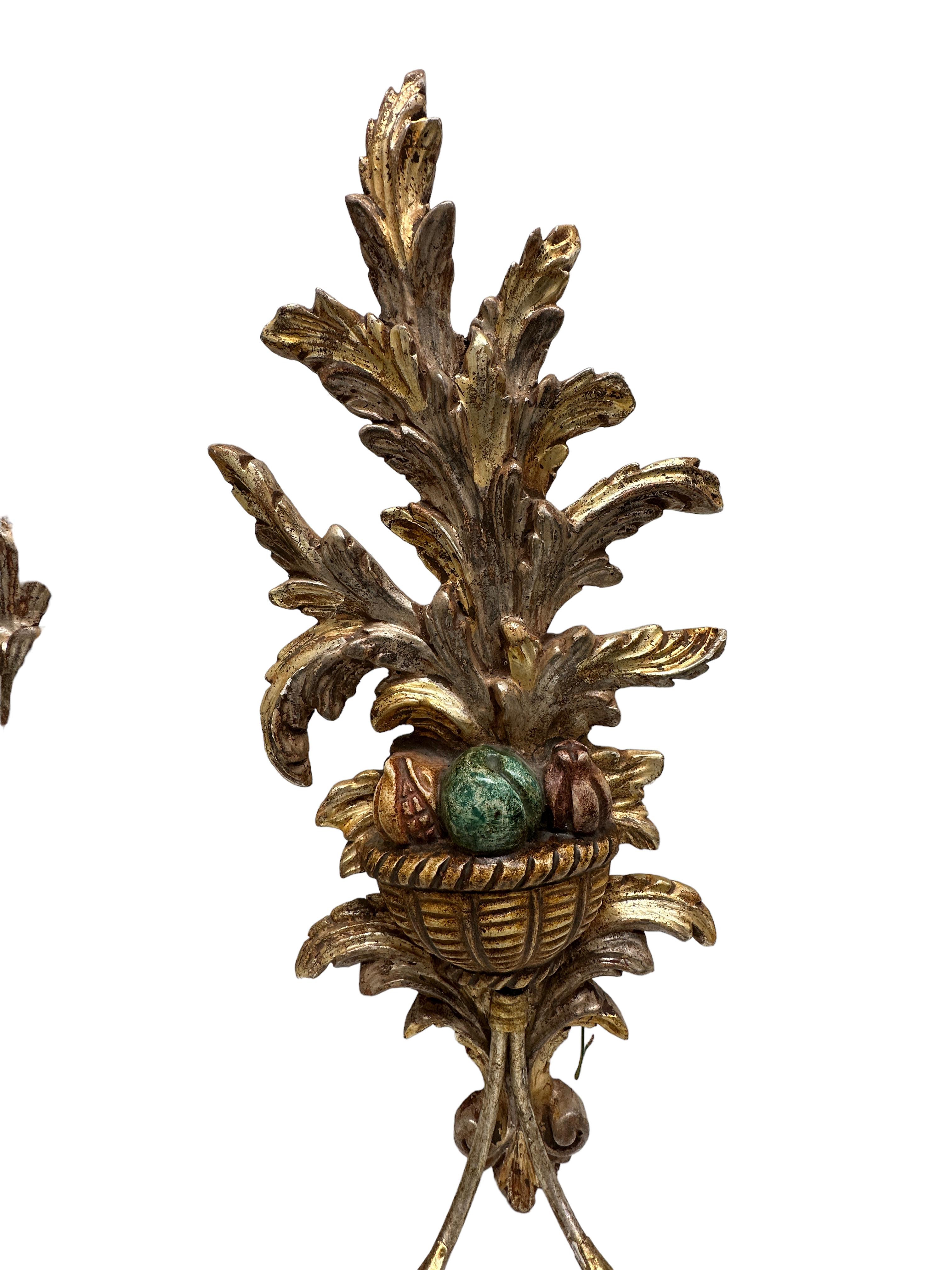 Monumental Pair of Wooden Carved Tole Toleware Sconces Silver & Gilt In Good Condition For Sale In Nuernberg, DE