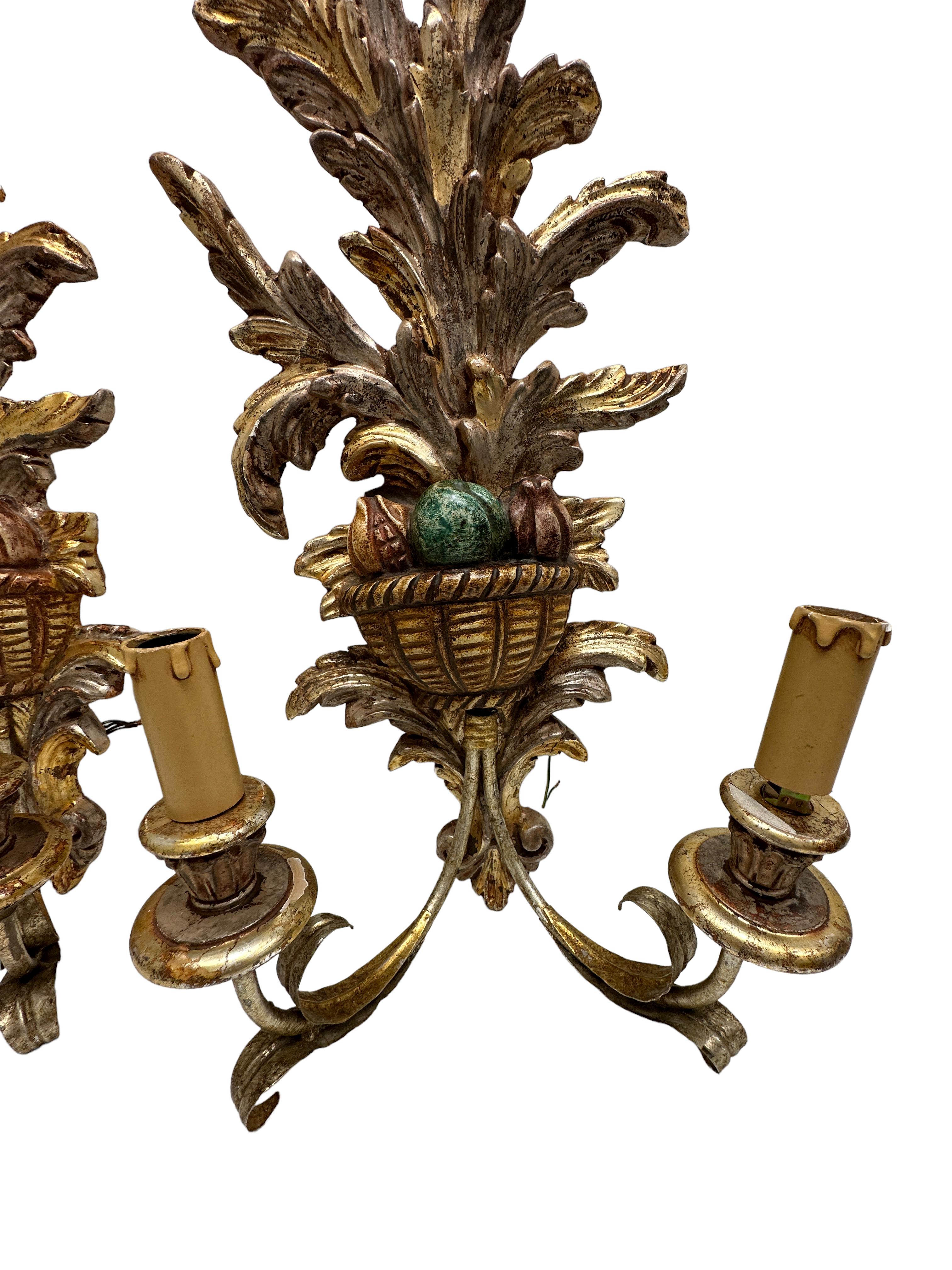 Mid-20th Century Monumental Pair of Wooden Carved Tole Toleware Sconces Silver & Gilt For Sale