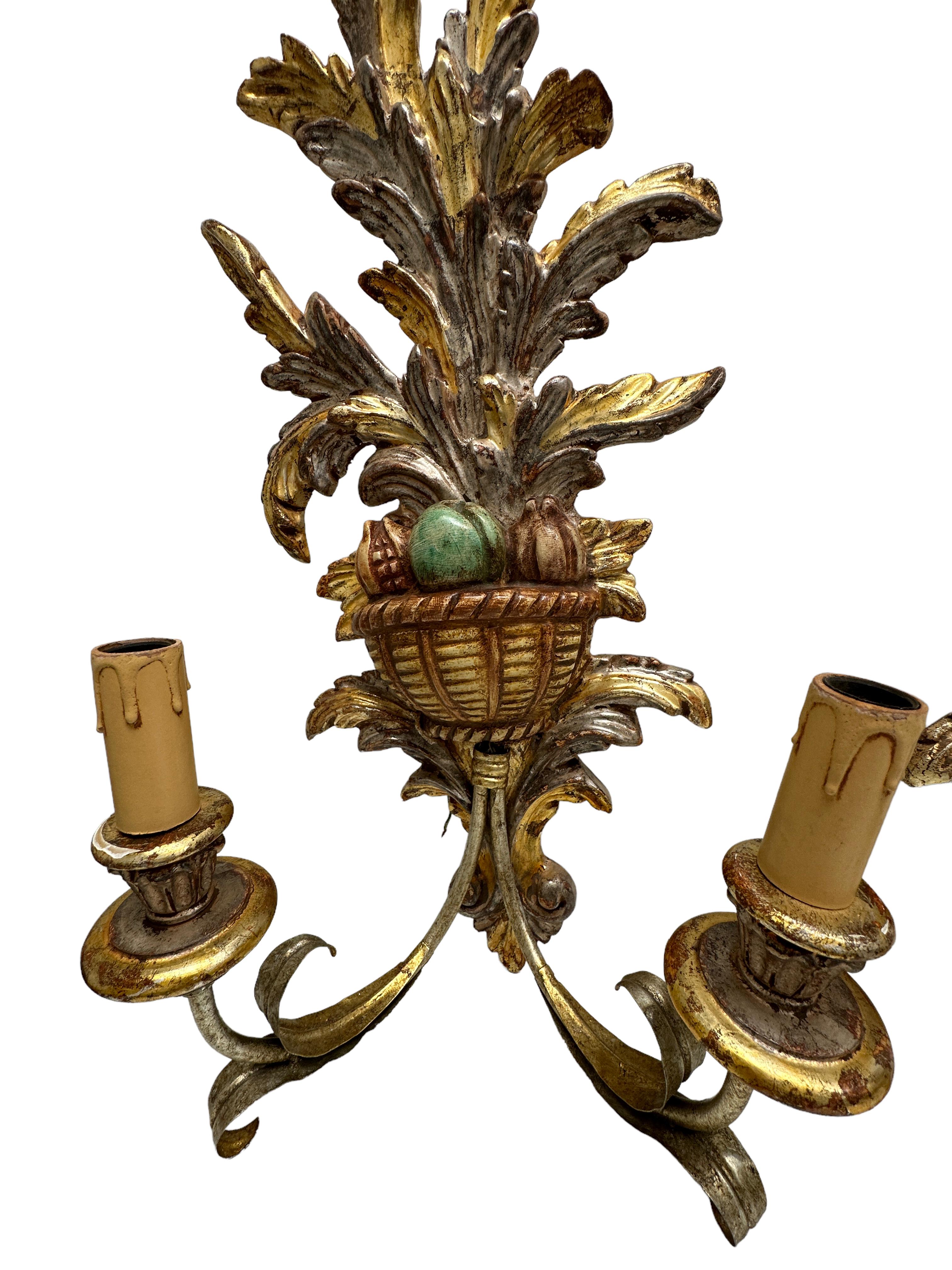 Monumental Pair of Wooden Carved Tole Toleware Sconces Silver & Gilt For Sale 1
