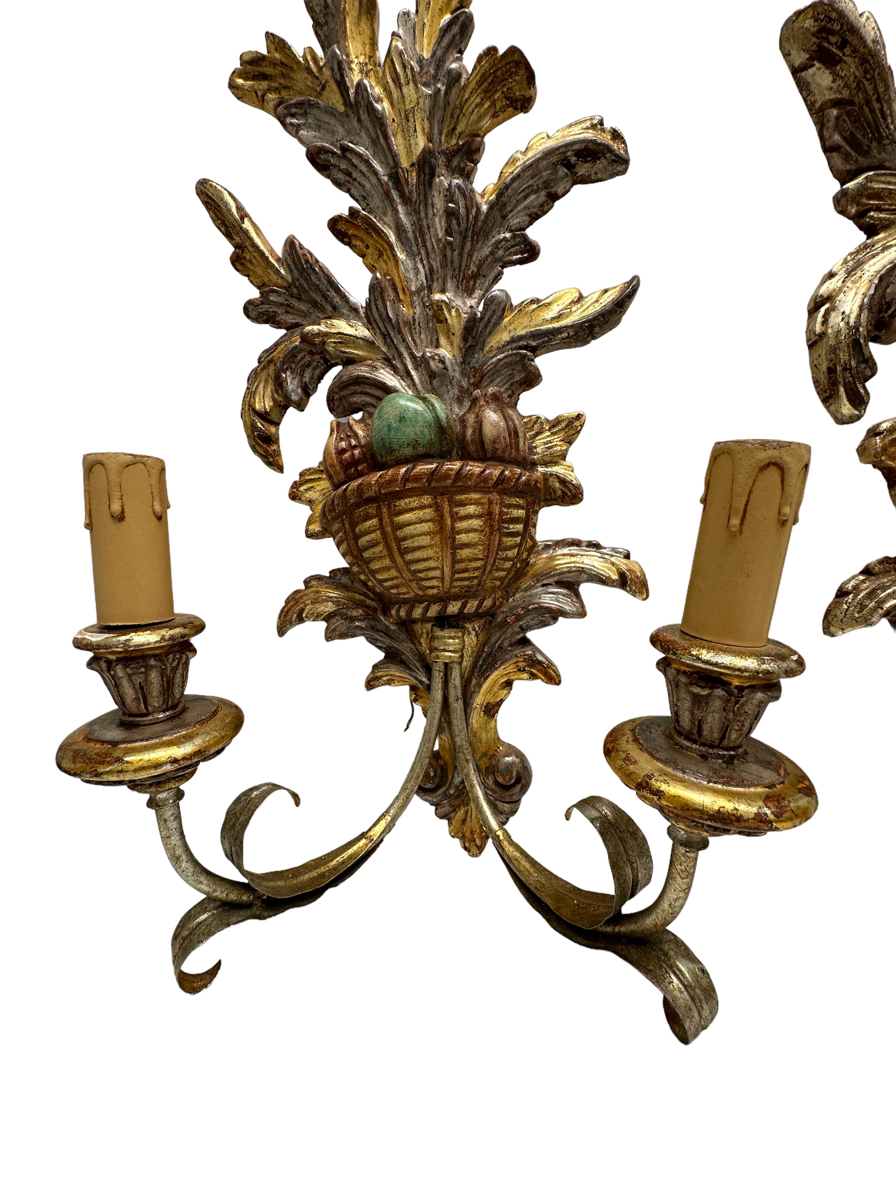 Monumental Pair of Wooden Carved Tole Toleware Sconces Silver & Gilt For Sale 2