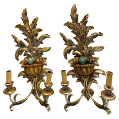 Monumental Pair of Wooden Carved Tole Toleware Sconces Silver & Gilt