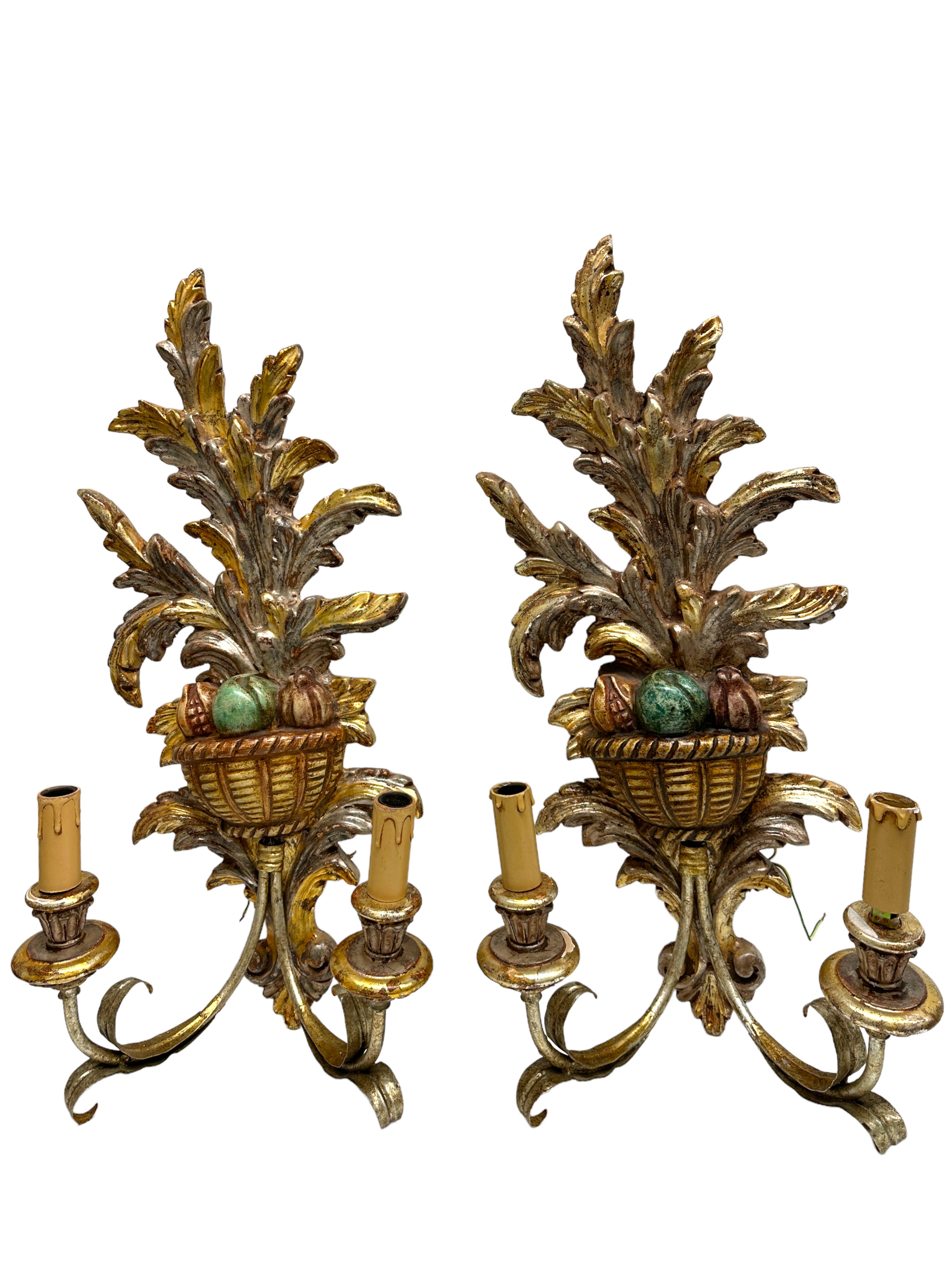 Monumental Pair of Wooden Carved Tole Toleware Sconces Silver & Gilt For Sale