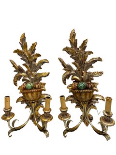 Vintage Monumental Pair of Wooden Carved Tole Toleware Sconces Silver & Gilt
