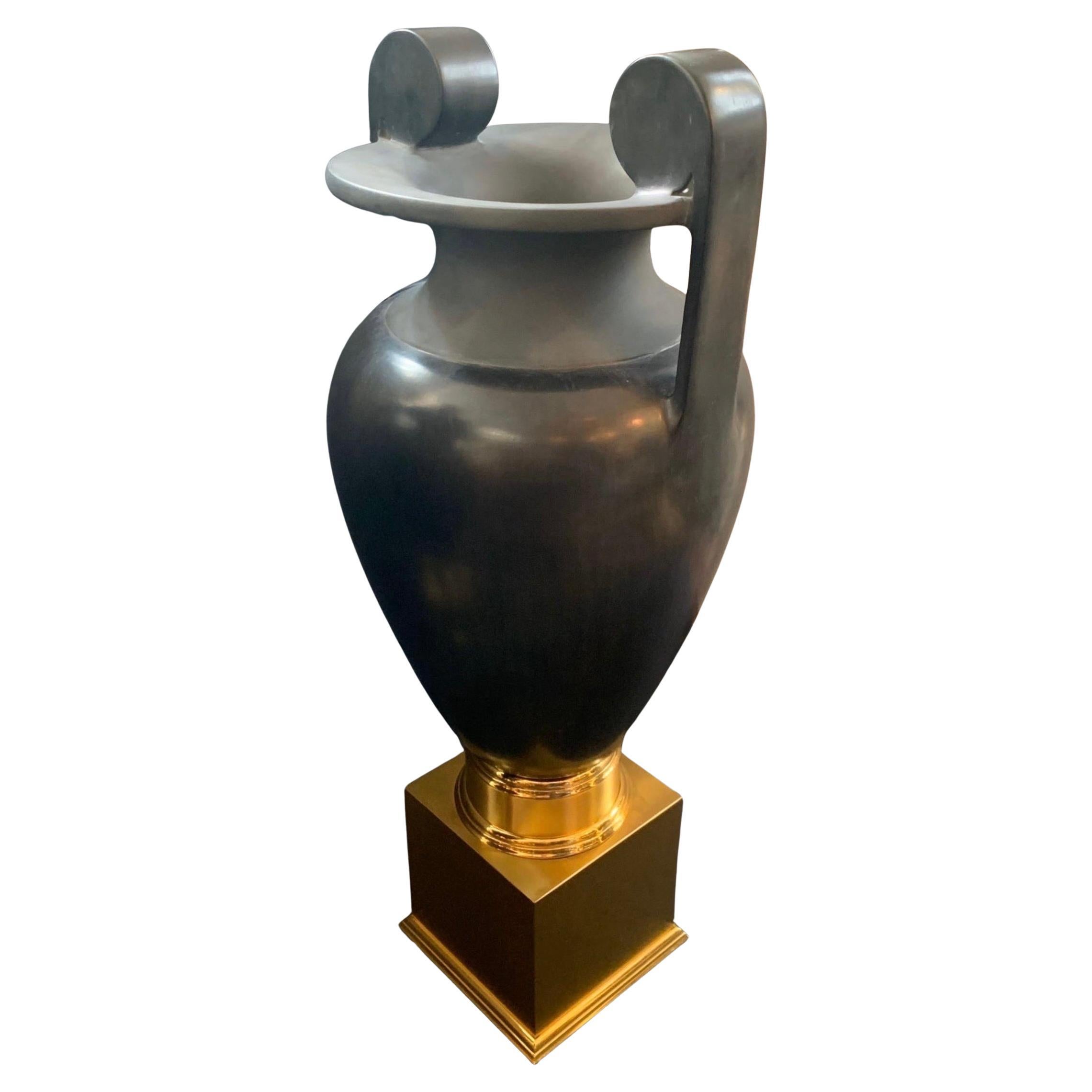 Polished Monumental Pair Porcelain Black Basalt-Glazed Neoclassical Urns Bronze Bases