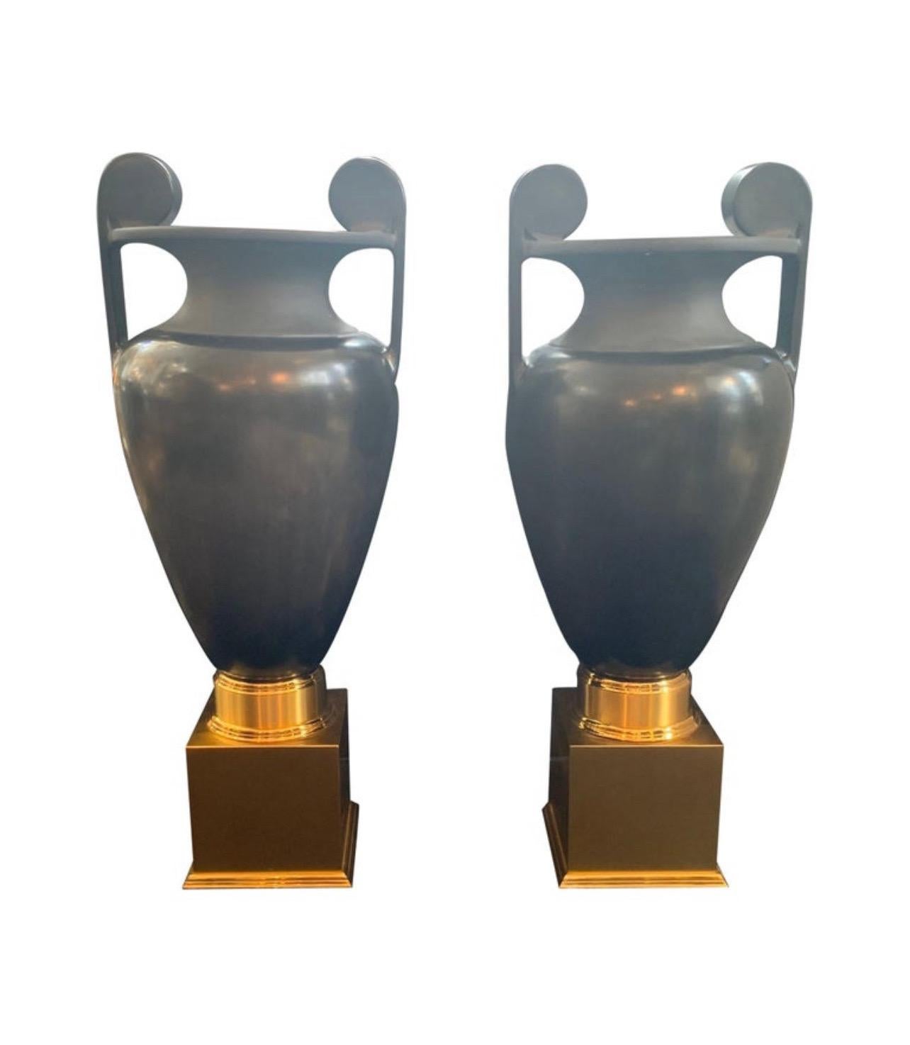 20th Century Monumental Pair Porcelain Black Basalt-Glazed Neoclassical Urns Bronze Bases