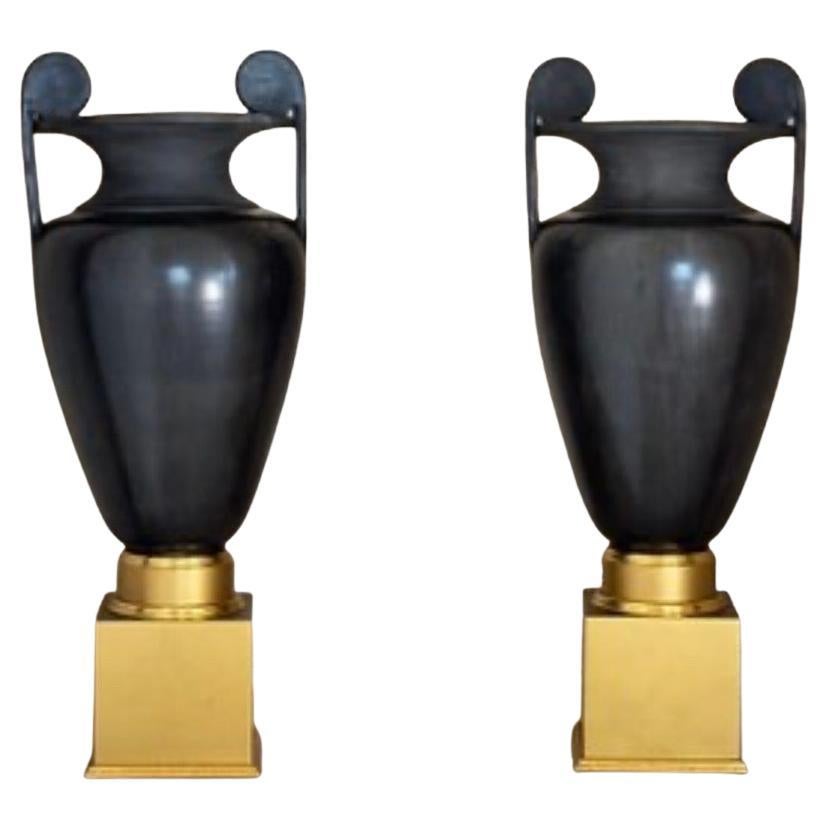 Monumental Pair Porcelain Black Basalt-Glazed Neoclassical Urns Bronze Bases