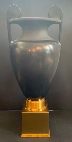 Monumental Porcelain Black Basalt-Glazed Neoclassical Urns on Bronze Bases, Pair