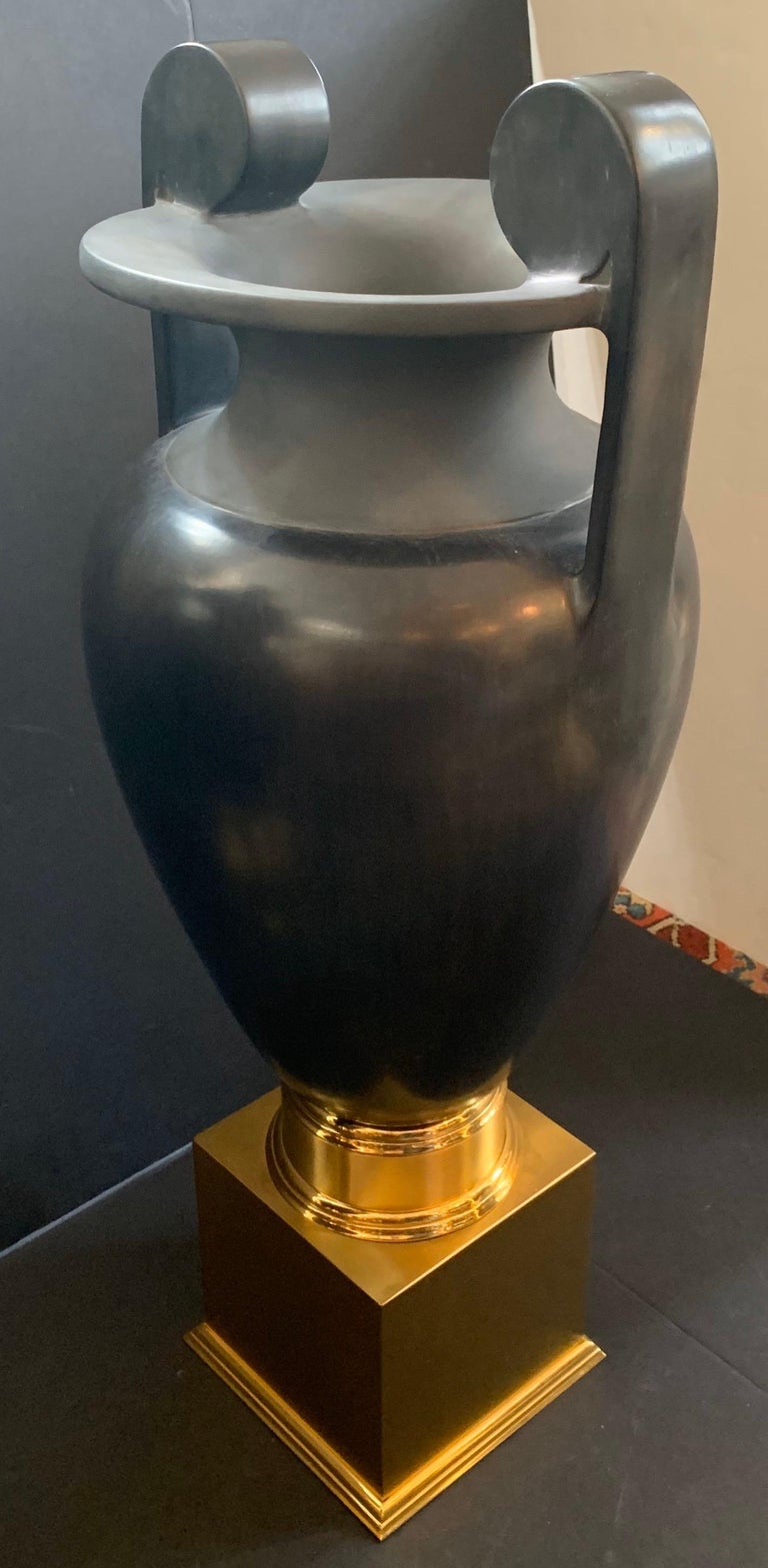 Monumental Porcelain Black BasaltGlazed Neoclassical Urns on Bronze