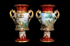 Monumental Pair Porcelain Hunting Scene Vases w/ Platinum and Gilt Decoration