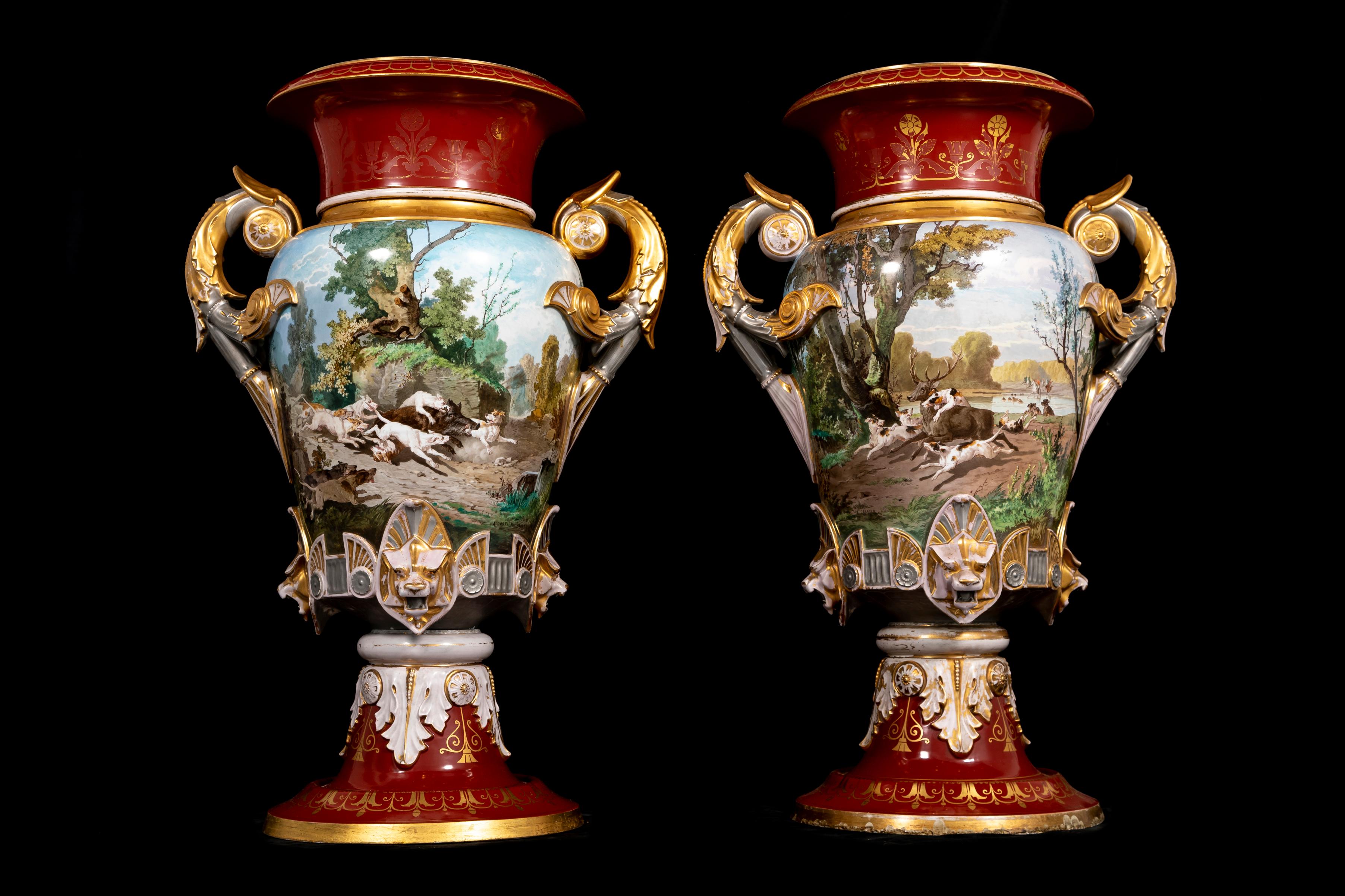 Neoclassical Monumental Pair Porcelain Hunting Scene Vases w/ Platinum and Gilt Decoration For Sale