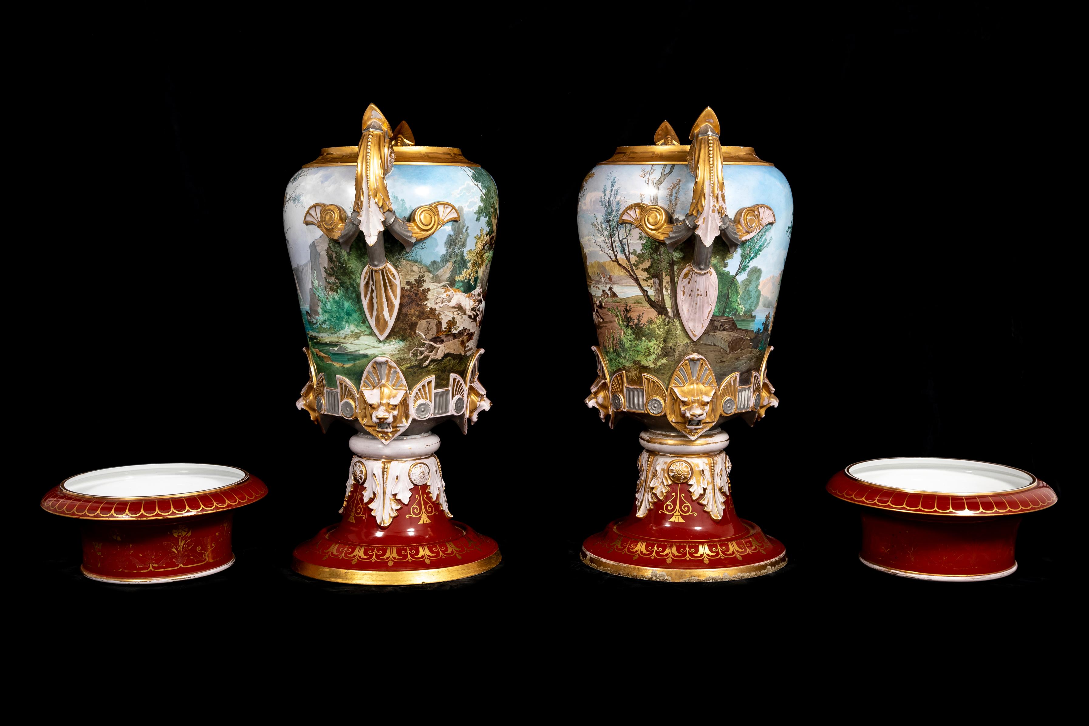 Czech Monumental Pair Porcelain Hunting Scene Vases w/ Platinum and Gilt Decoration For Sale