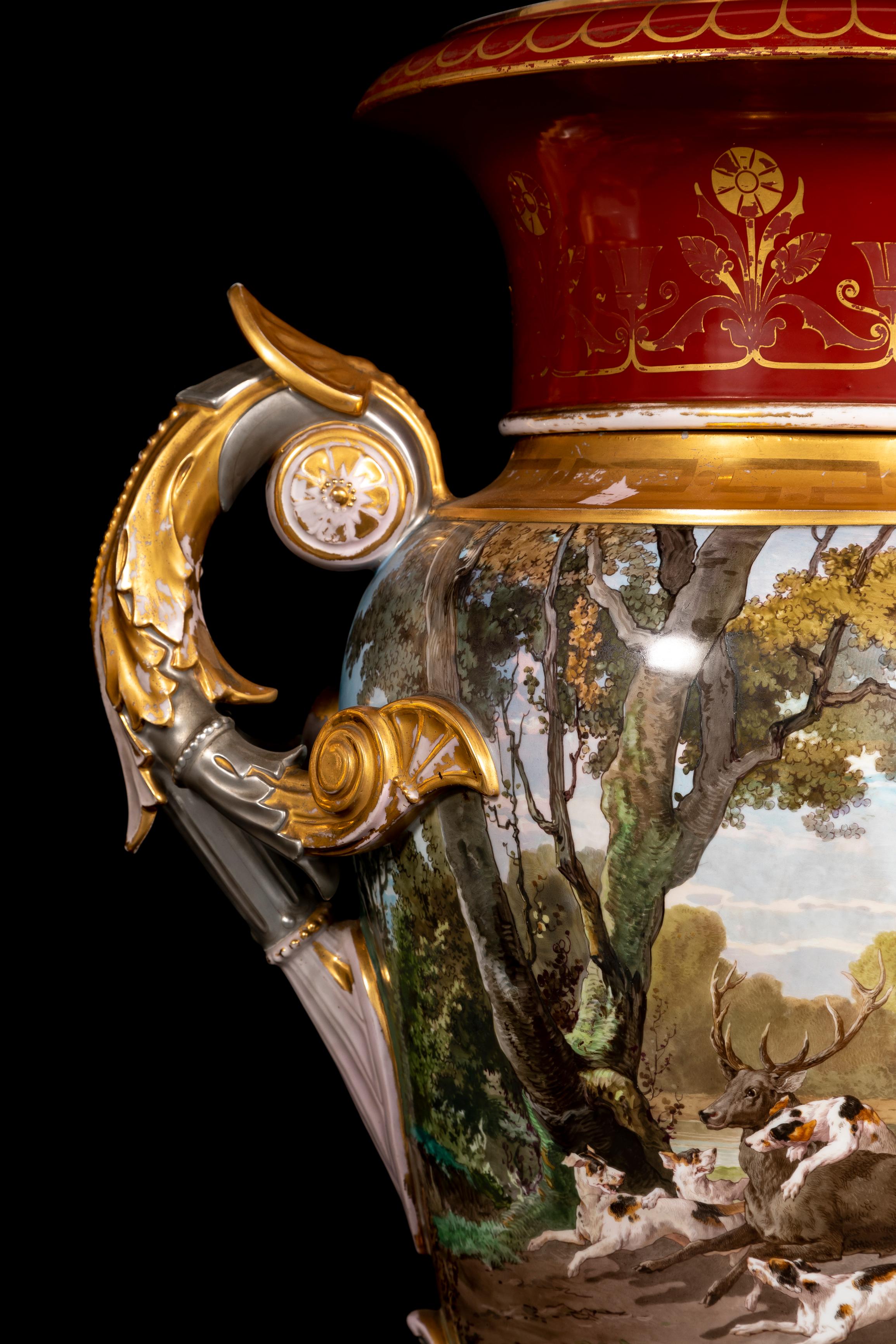 19th Century Monumental Pair Porcelain Hunting Scene Vases w/ Platinum and Gilt Decoration For Sale
