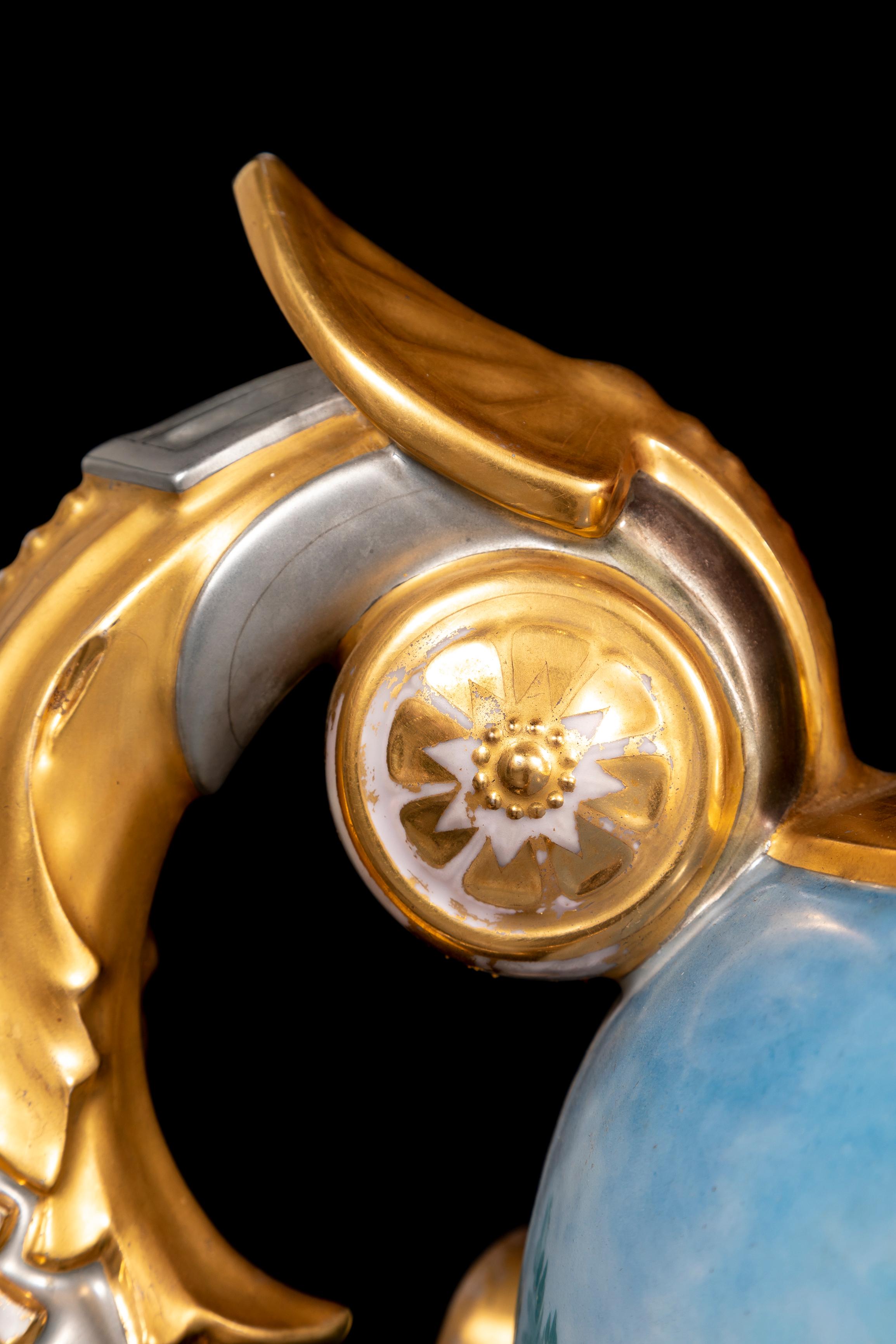 Gold Monumental Pair Porcelain Hunting Scene Vases w/ Platinum and Gilt Decoration For Sale