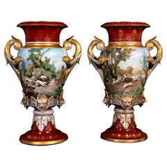 Antique Monumental Pair Porcelain Hunting Scene Vases w/ Platinum and Gilt Decoration