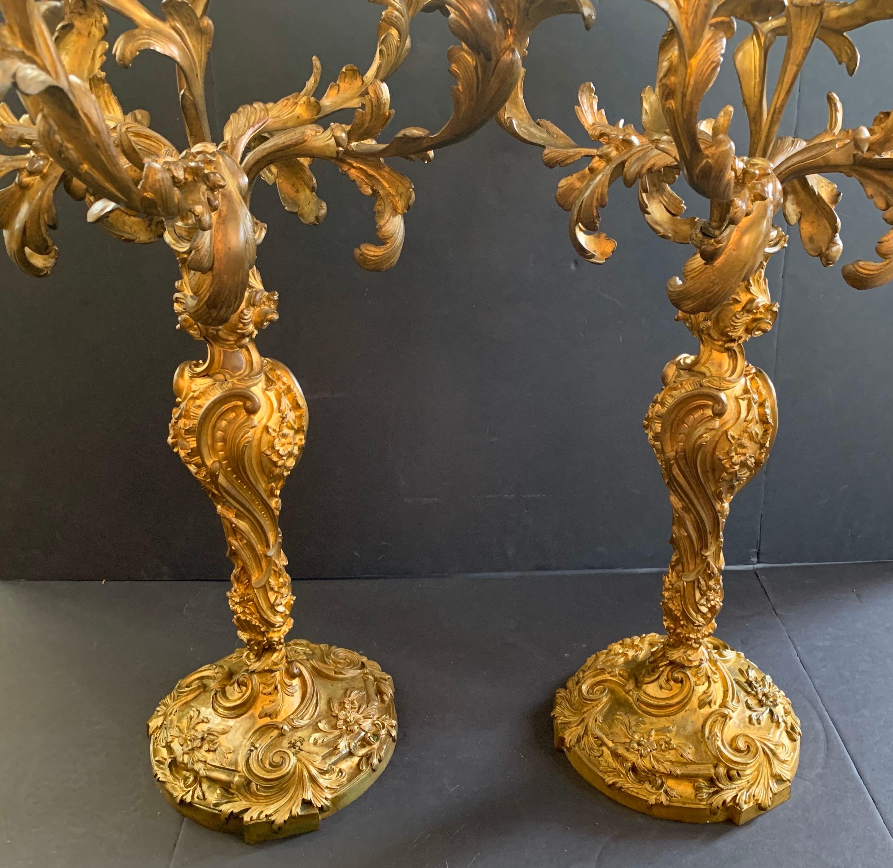 Monumental Rococo Doré Bronze Six-Arm Scrolling Acanthus Leaves Candelabras Pair 5
