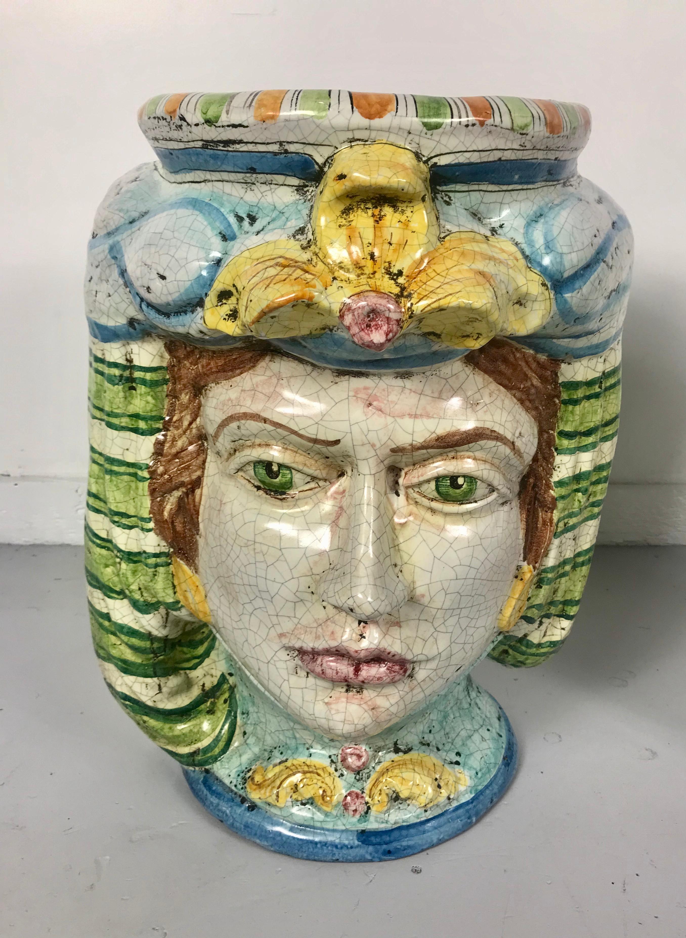 Monumental pair of Sicilian Majolica, faience figural busts, planter / jardinière’s, amazing quality, color, glaze, imported from Italy most likely in the late 1950s, early 1960s, attributed to Caltagirone, Caltagirone citta dell ceramica,.