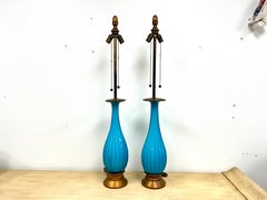 Monumental Pair Tall Murano Blue Ribbed Glass Lamps by Seguso for Marbro Italy
