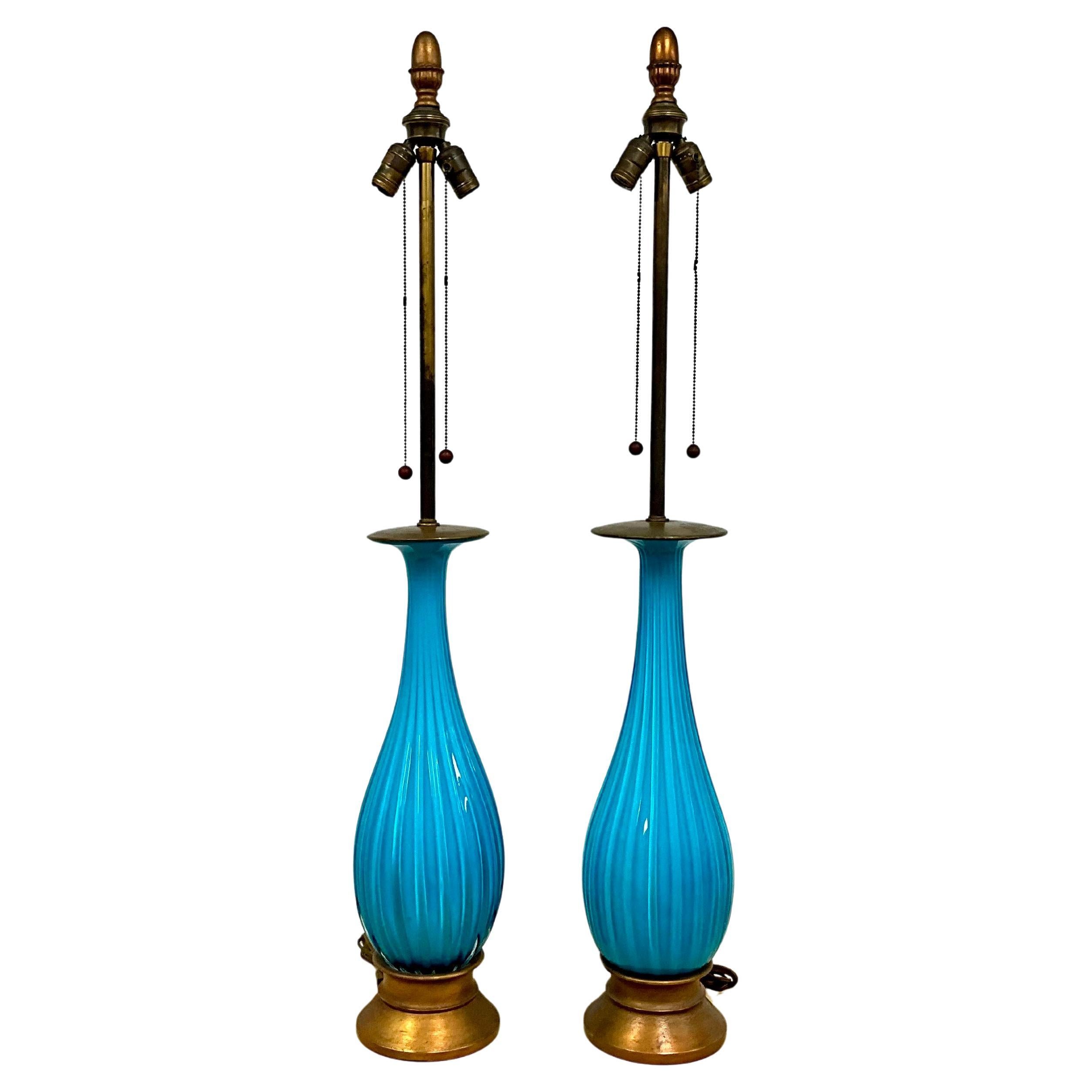 Monumental Pair Tall Murano Blue Ribbed Glass Lamps by Seguso for Marbro Italy