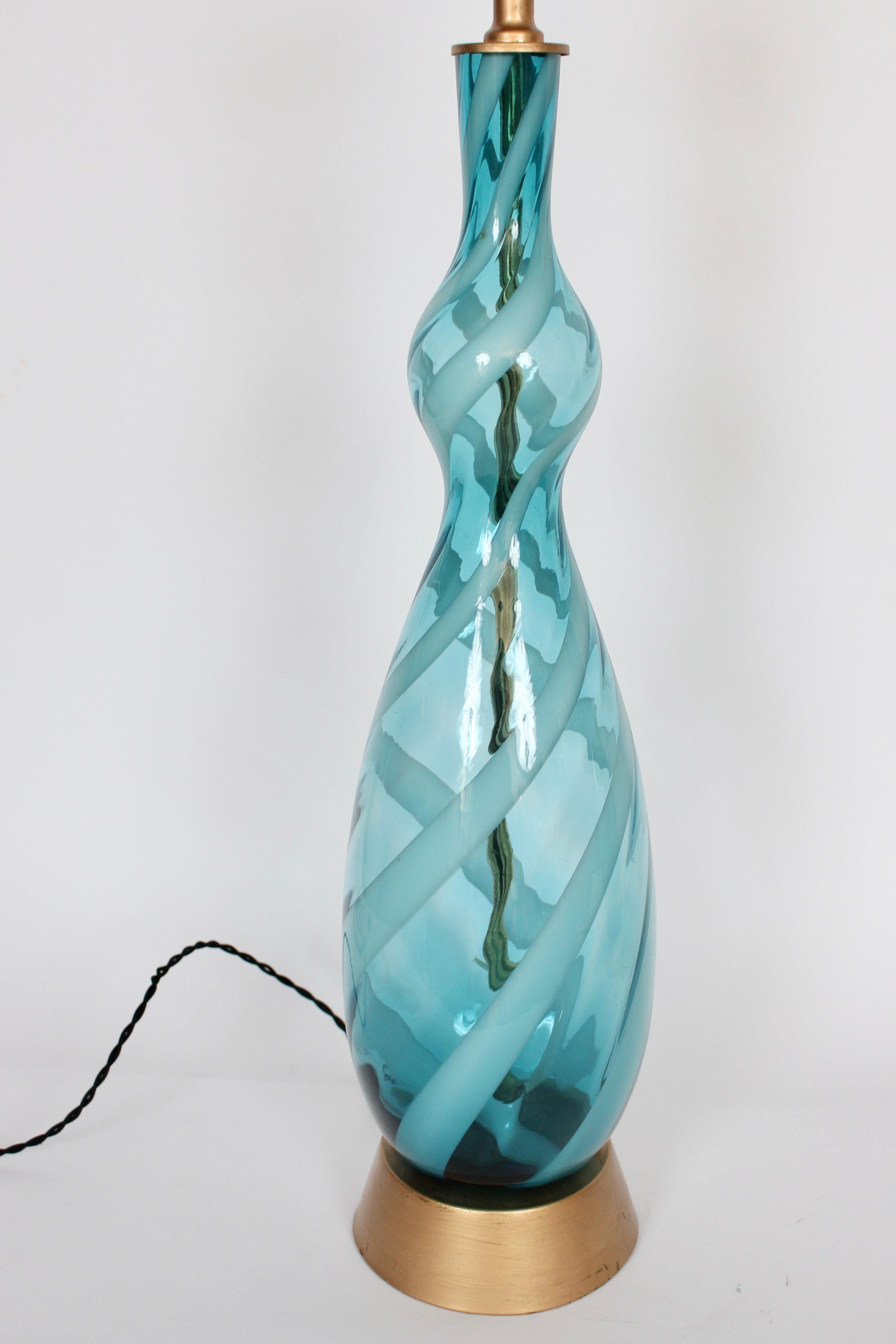 Monumental Pair Turquoise & White Swirl Murano Art Glass Table Lamps, 1960s 3