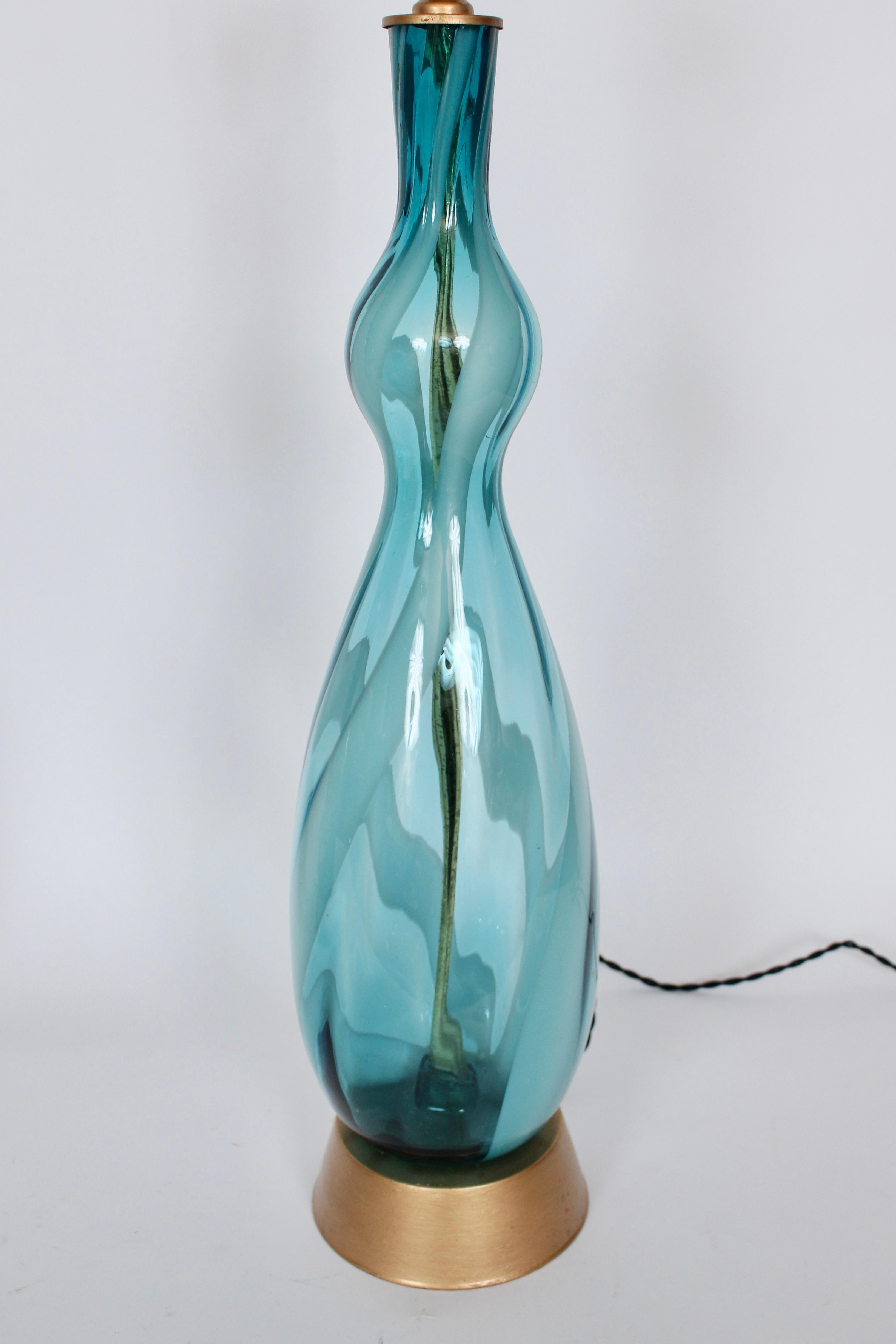 Monumental Pair Turquoise & White Swirl Murano Art Glass Table Lamps, 1960s 5