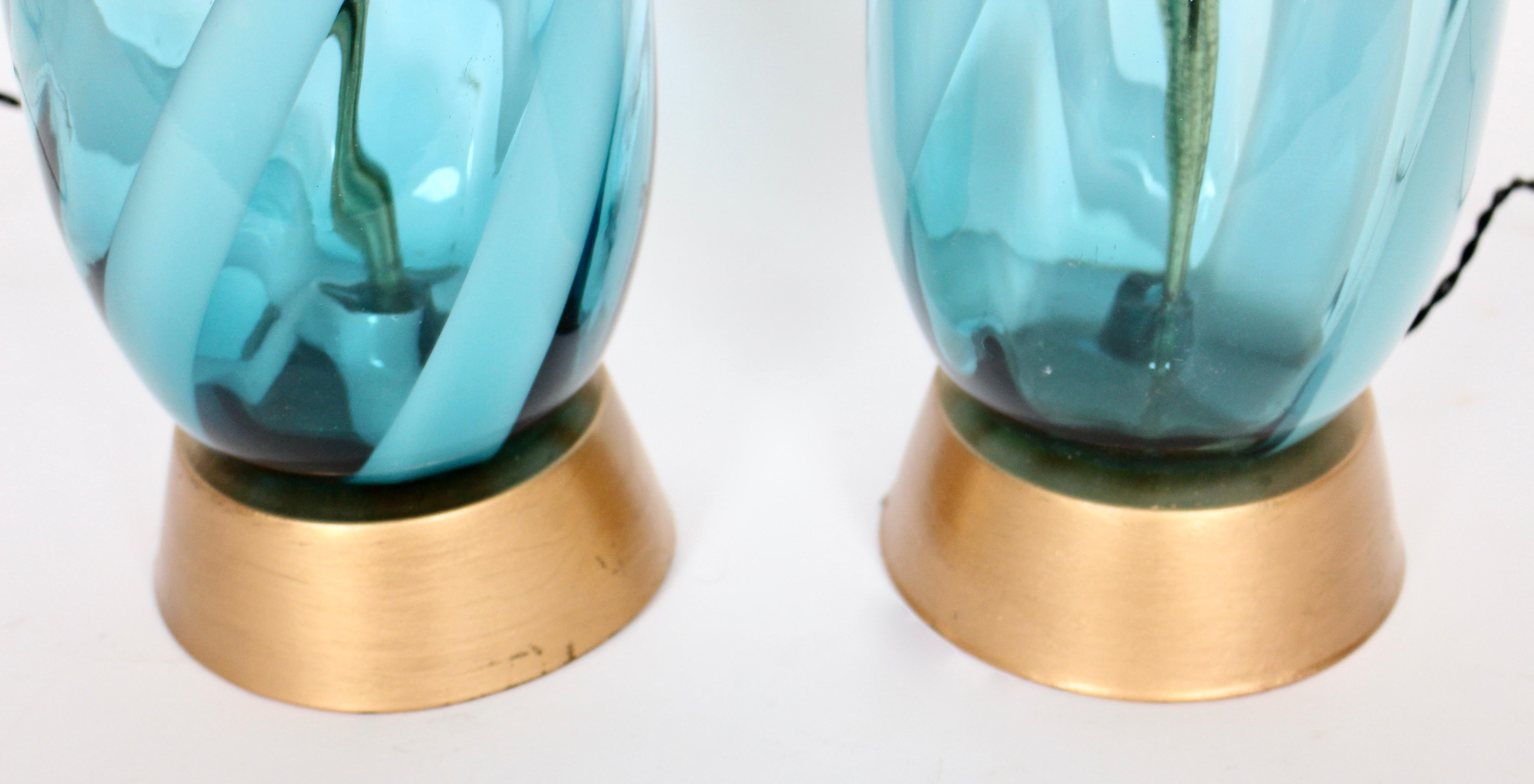 Monumental Pair Turquoise & White Swirl Murano Art Glass Table Lamps, 1960s 7