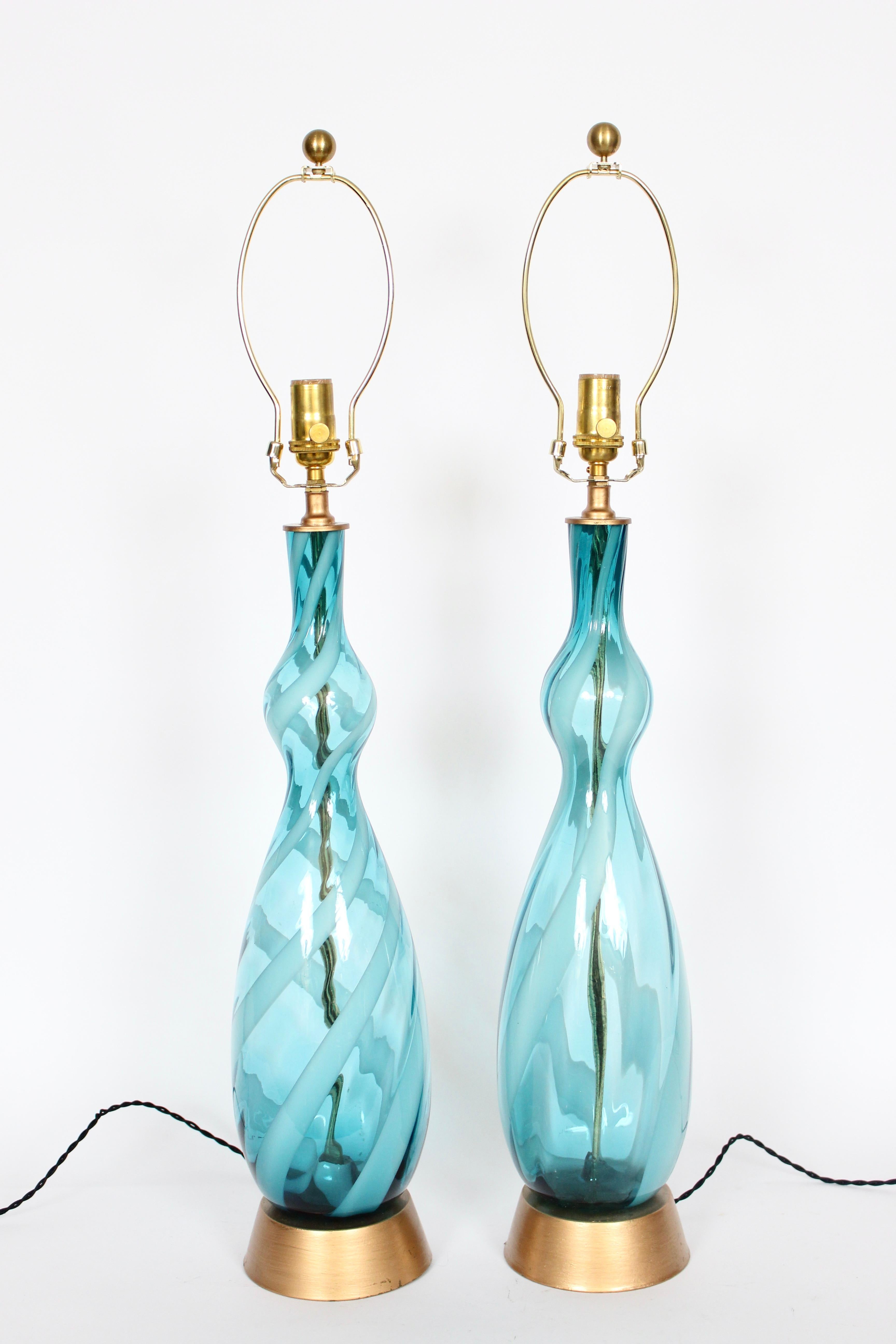 Monumental Pair Turquoise & White Swirl Murano Art Glass Table Lamps, 1960s 8