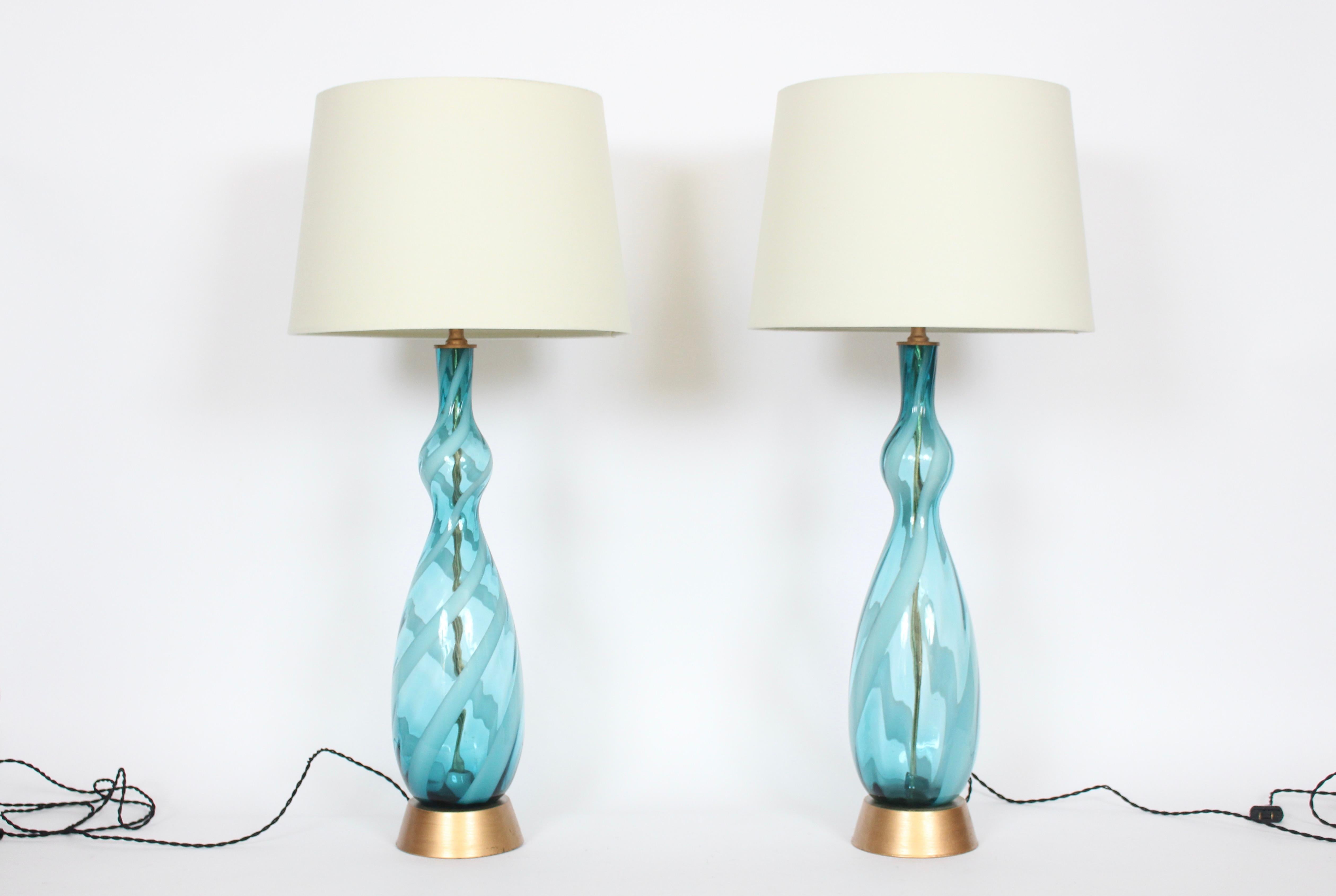 Mid-Century Modern Monumental Pair Turquoise & White Swirl Murano Art Glass Table Lamps, 1960s