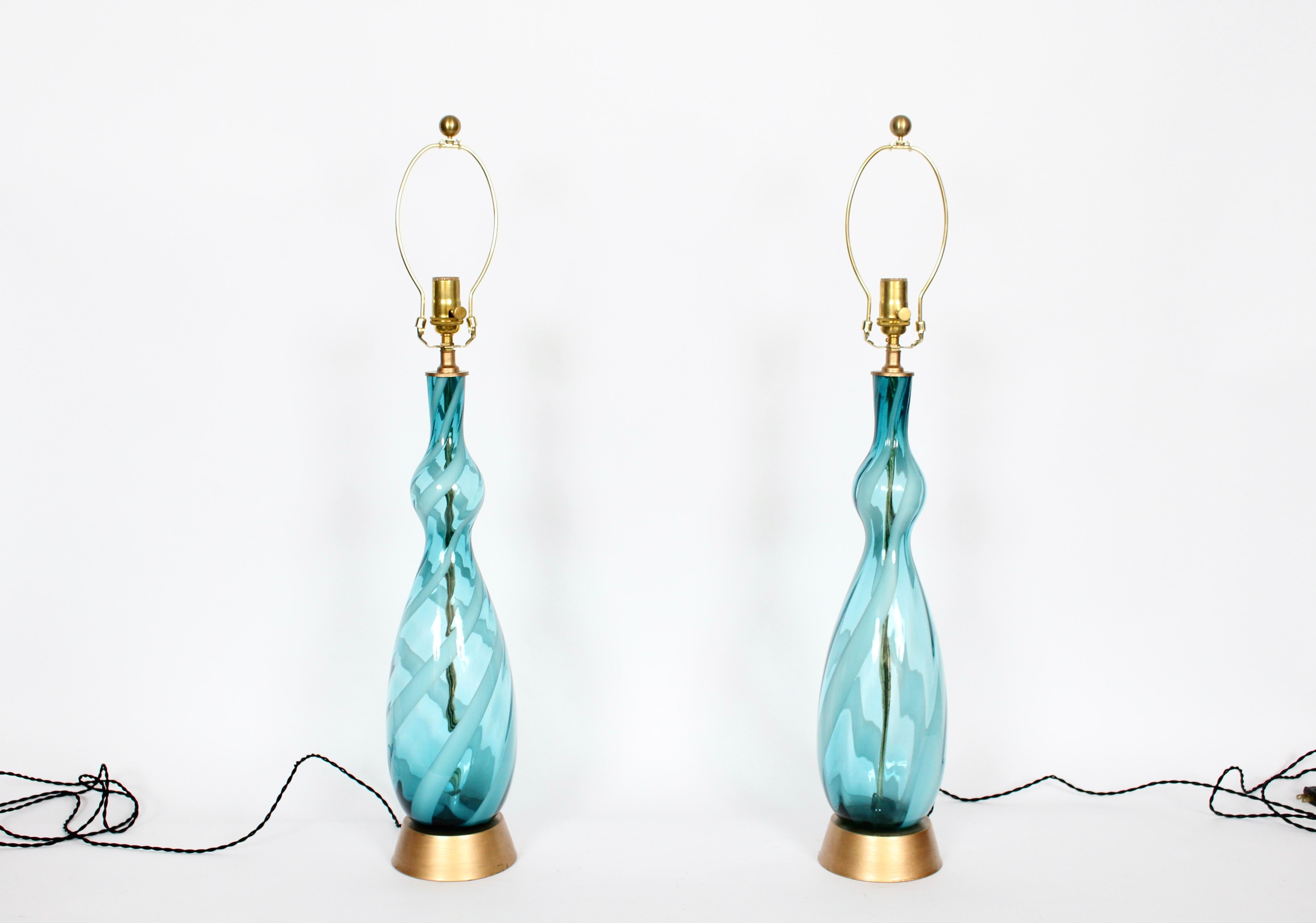 Italian Monumental Pair Turquoise & White Swirl Murano Art Glass Table Lamps, 1960s