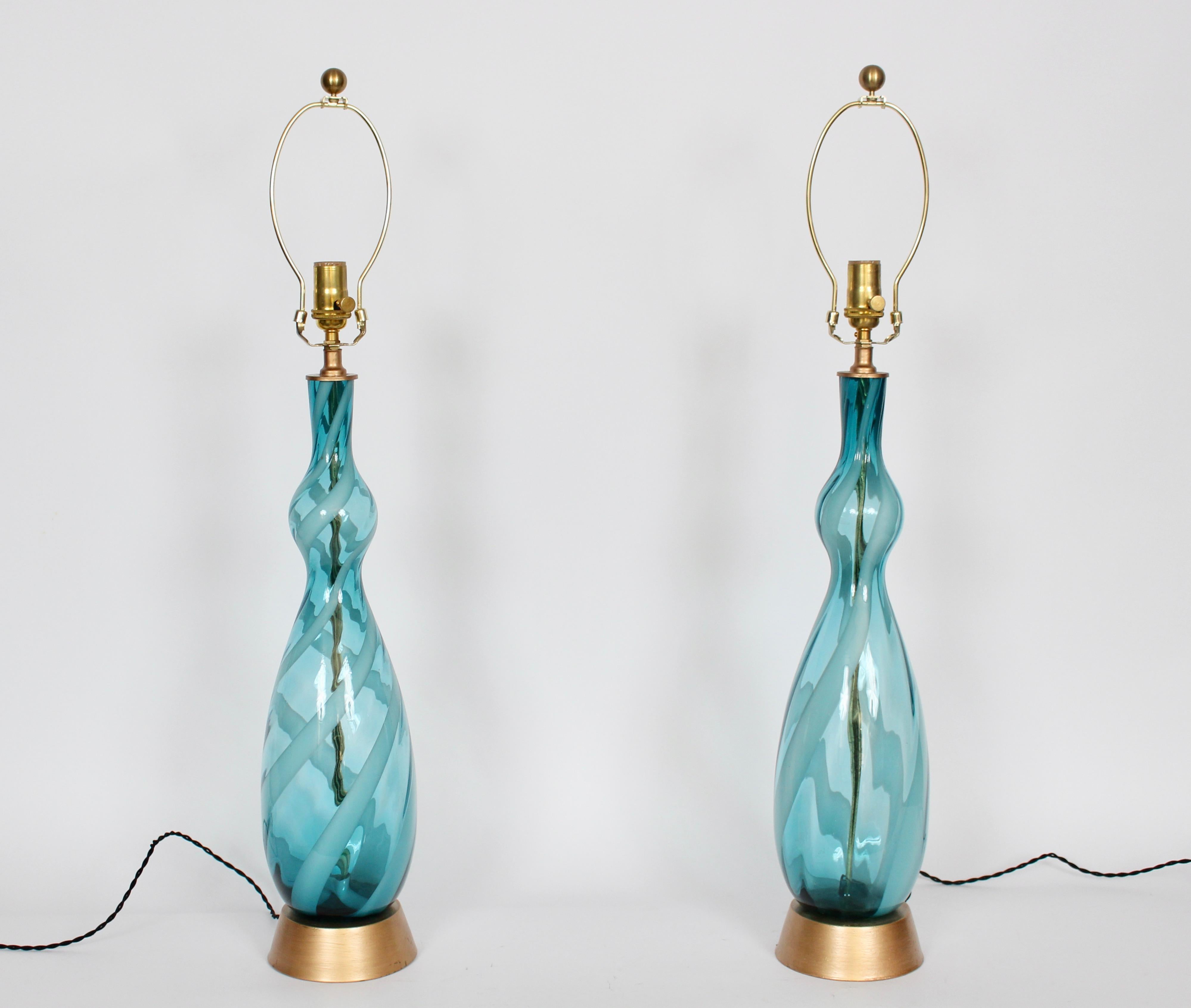 Monumental Pair Turquoise & White Swirl Murano Art Glass Table Lamps, 1960s In Good Condition In Bainbridge, NY