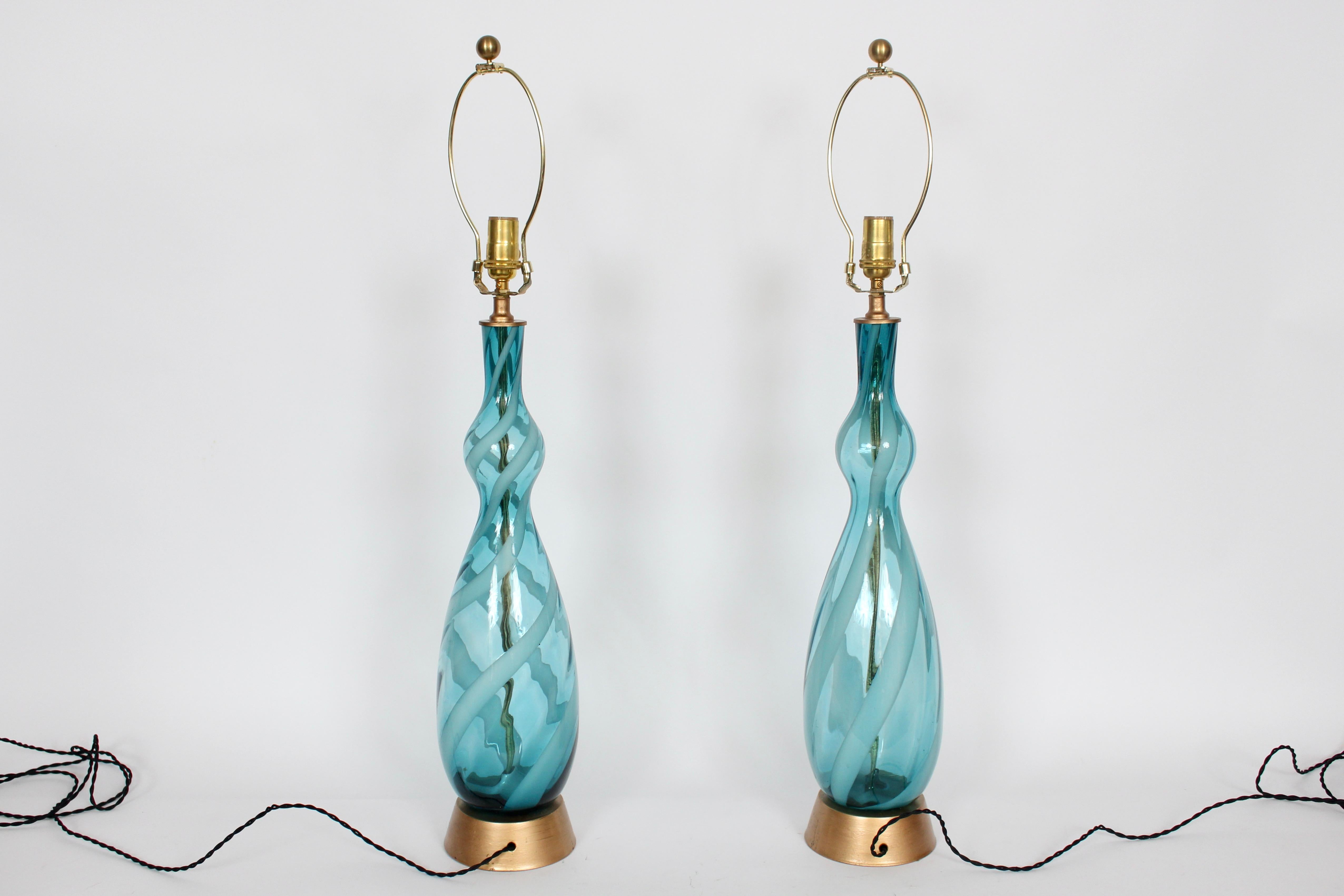 20th Century Monumental Pair Turquoise & White Swirl Murano Art Glass Table Lamps, 1960s