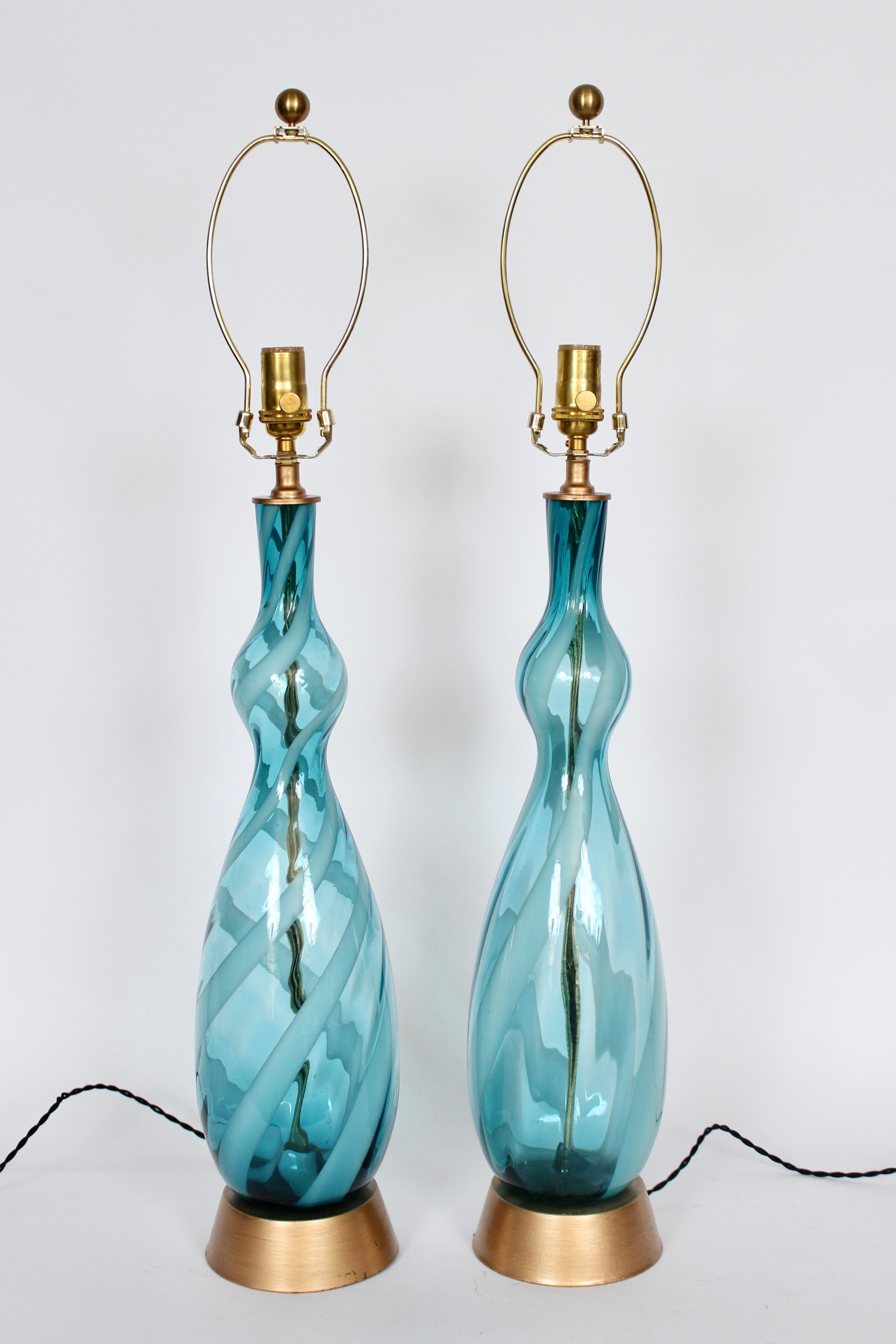 Metal Monumental Pair Turquoise & White Swirl Murano Art Glass Table Lamps, 1960s