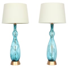 Vintage Monumental Pair Turquoise & White Swirl Murano Art Glass Table Lamps, 1960s