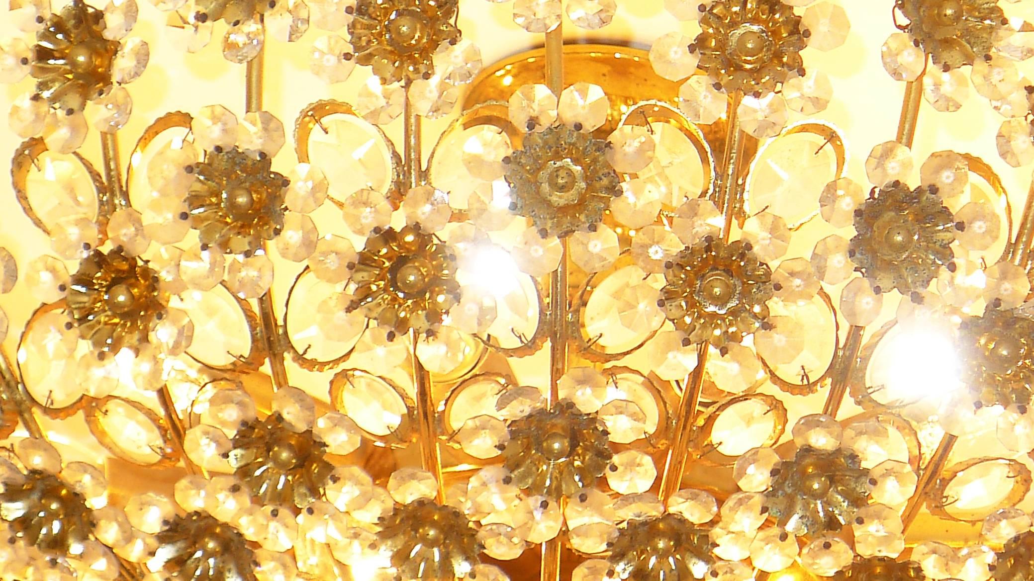 Brass Monumental Palwa Gilt Sunburst Crystal Flower 15-Light Flush Mount Chandelier For Sale