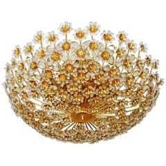 Monumental Palwa Gilt Sunburst Crystal Flower 15-Light Flush Mount Chandelier