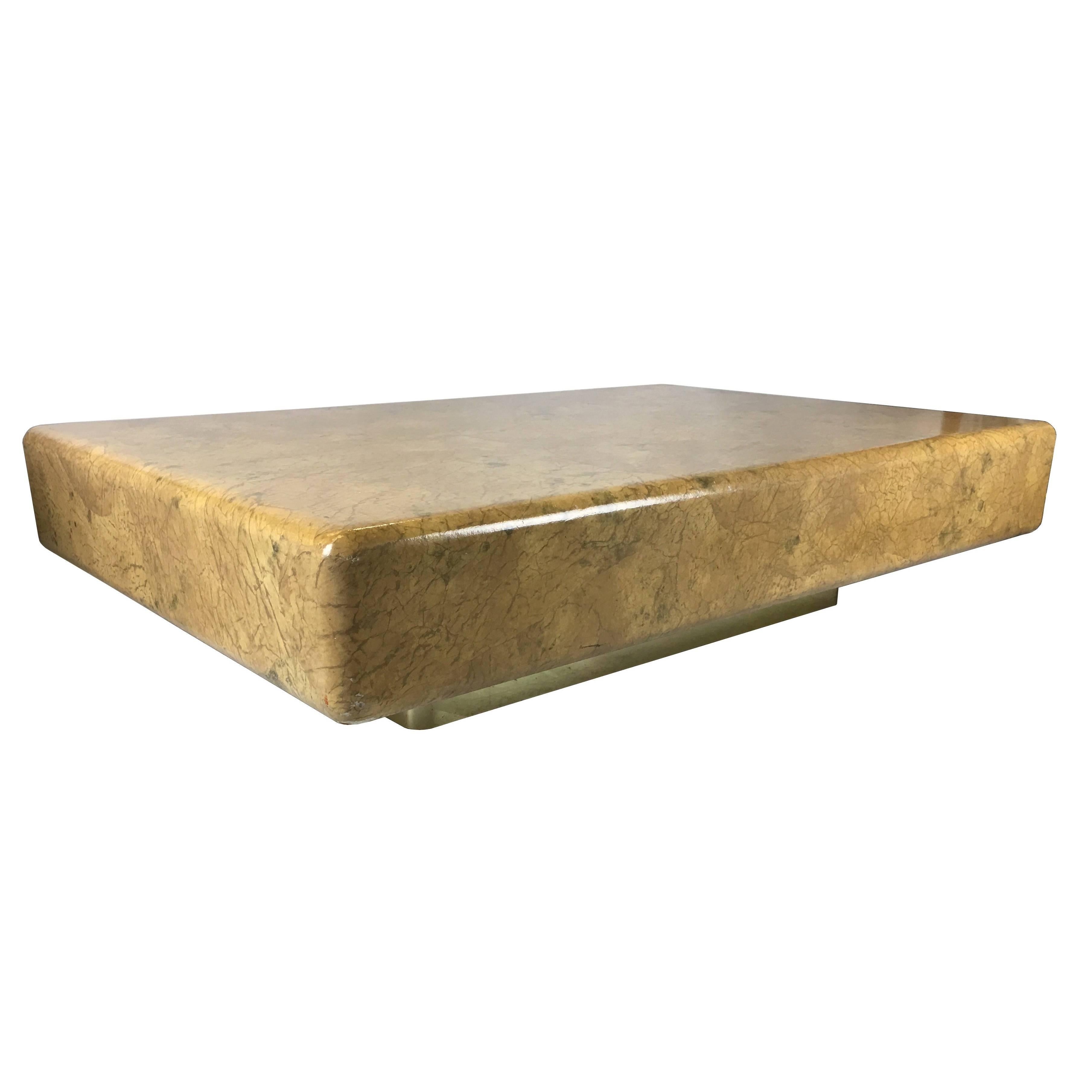 Late 20th Century Monumental Parchment Clad Cocktail Table with Brass Base