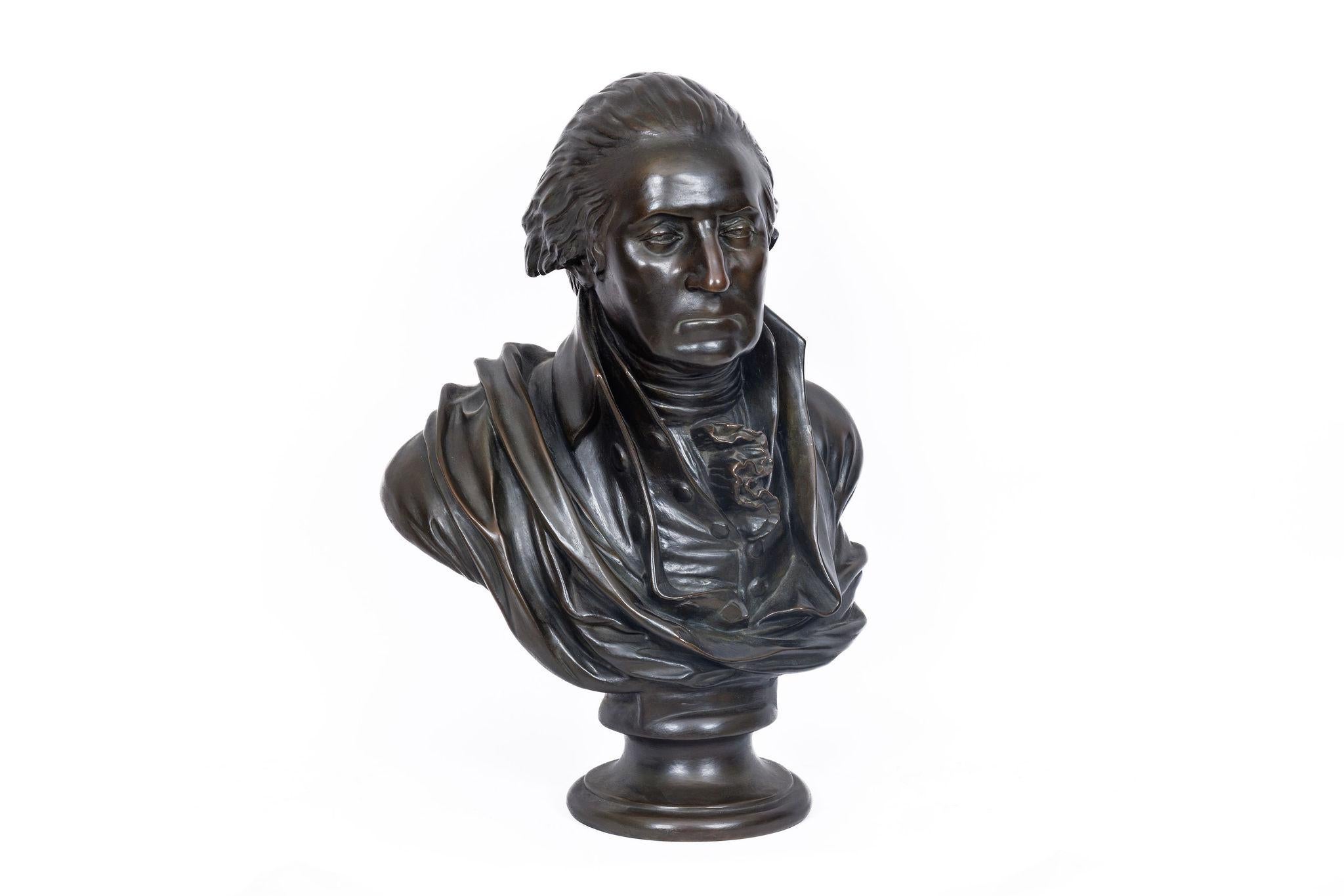 A Monumental Patinated Bronze Bust of George Washington, after William Rush (1817)

This commanding bronze bust of George Washington is modeled after the celebrated 1817 portrait by the Philadelphia carver and sculptor William Rush (1756–1833),