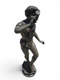 Monumental Patinated Bronze Sculpture of a Boy Blowing a Horn, Italy, Early 20th