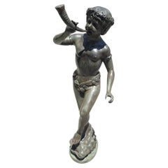 Monumental Patinated Bronze Sculpture of a Boy Blowing a Horn, Italy, Early 20th