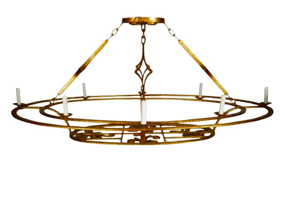 Monumentale lampadario ovale in metallo dorato Paul Ferrante Art Deco In condizioni buone in vendita a LOS ANGELES, CA