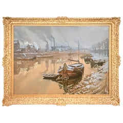 Antique Monumental Paul Leduc Seine River Winter Paris Landscape C. 1911