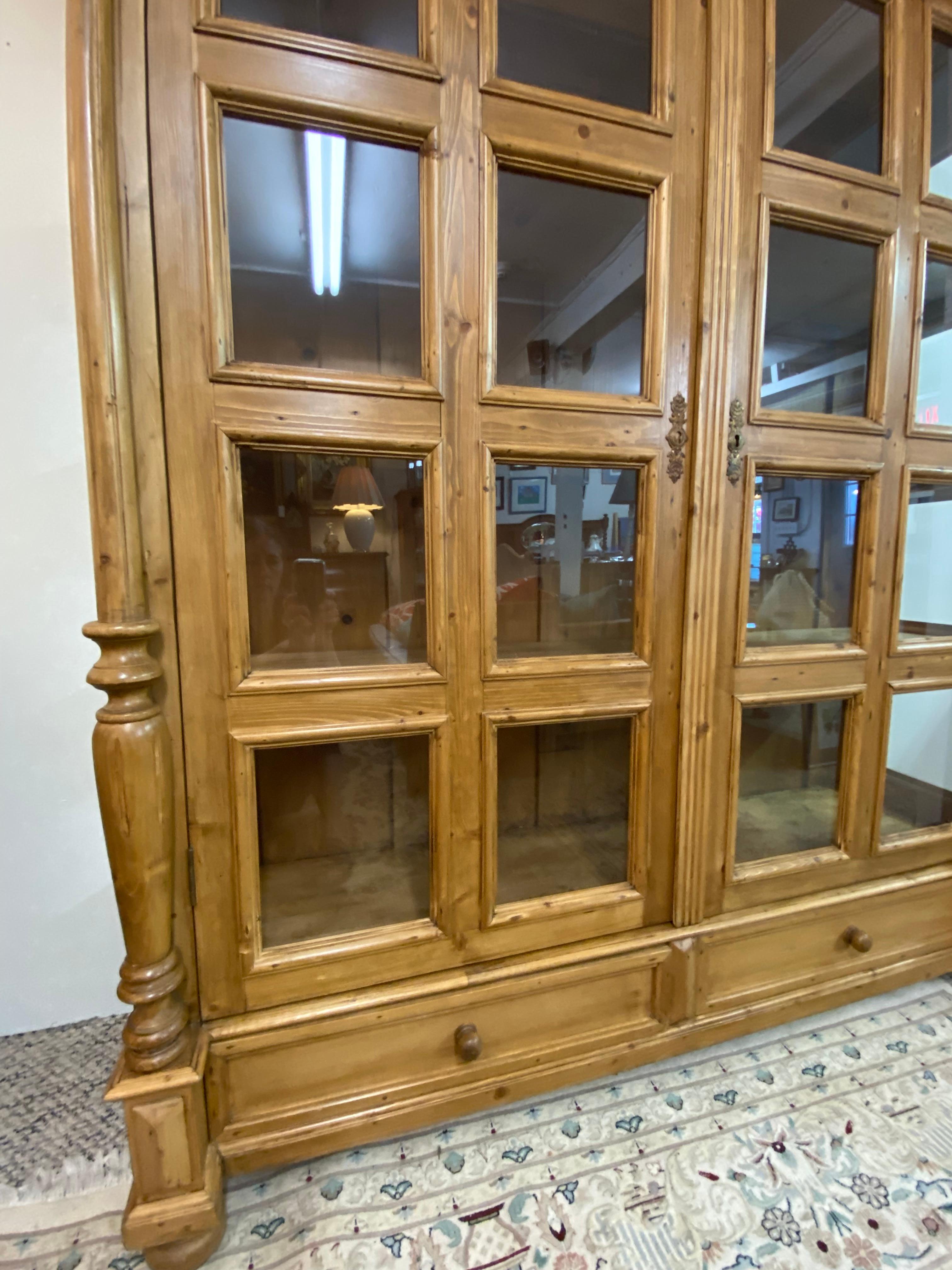 Monumental Pine Cabinet with Glass Panes and Lots of Storage For Sale 8