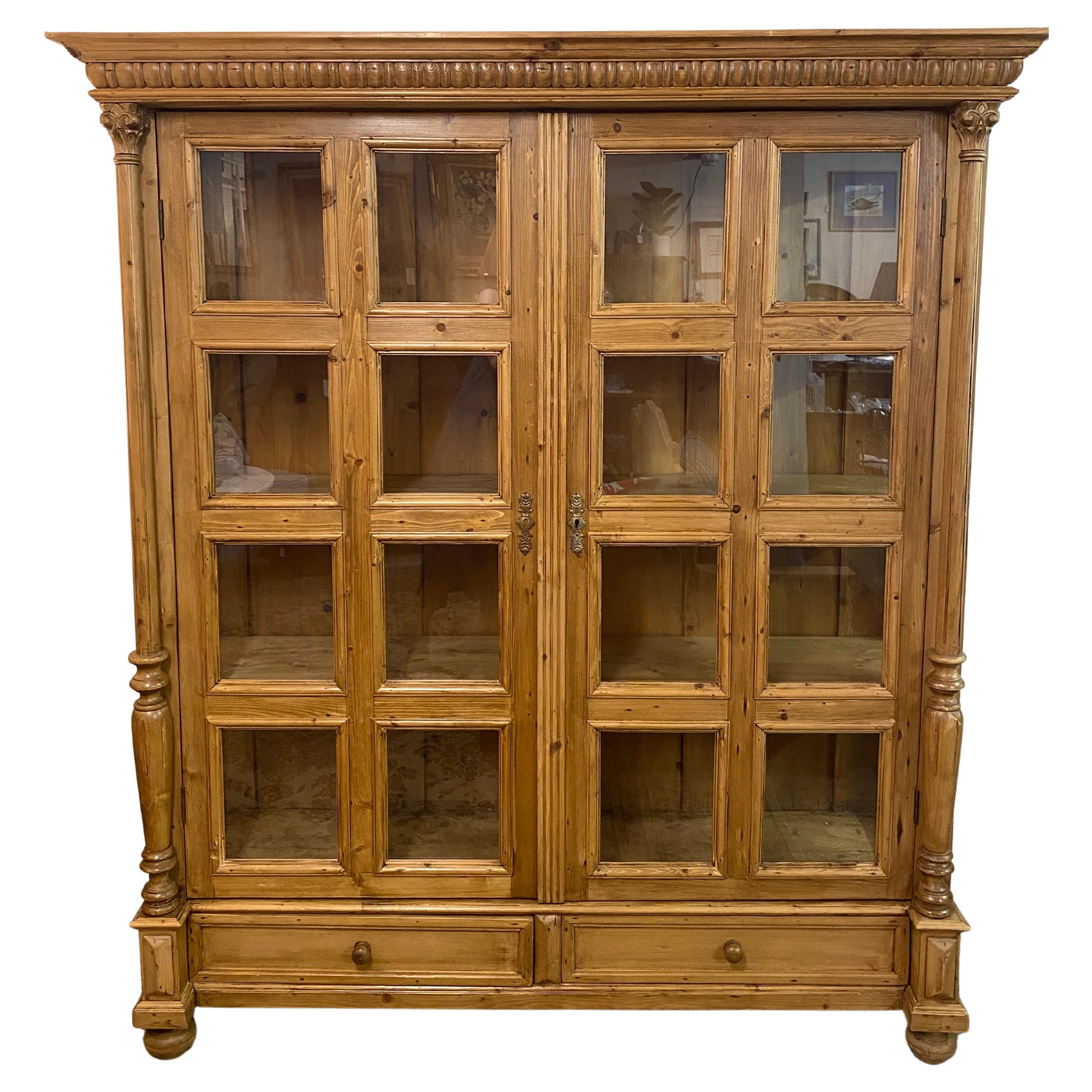 Monumental Pine Cabinet with Glass Panes and Lots of Storage For Sale