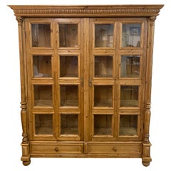 Used Monumental Pine Cabinet with Glass Panes and Lots of Storage