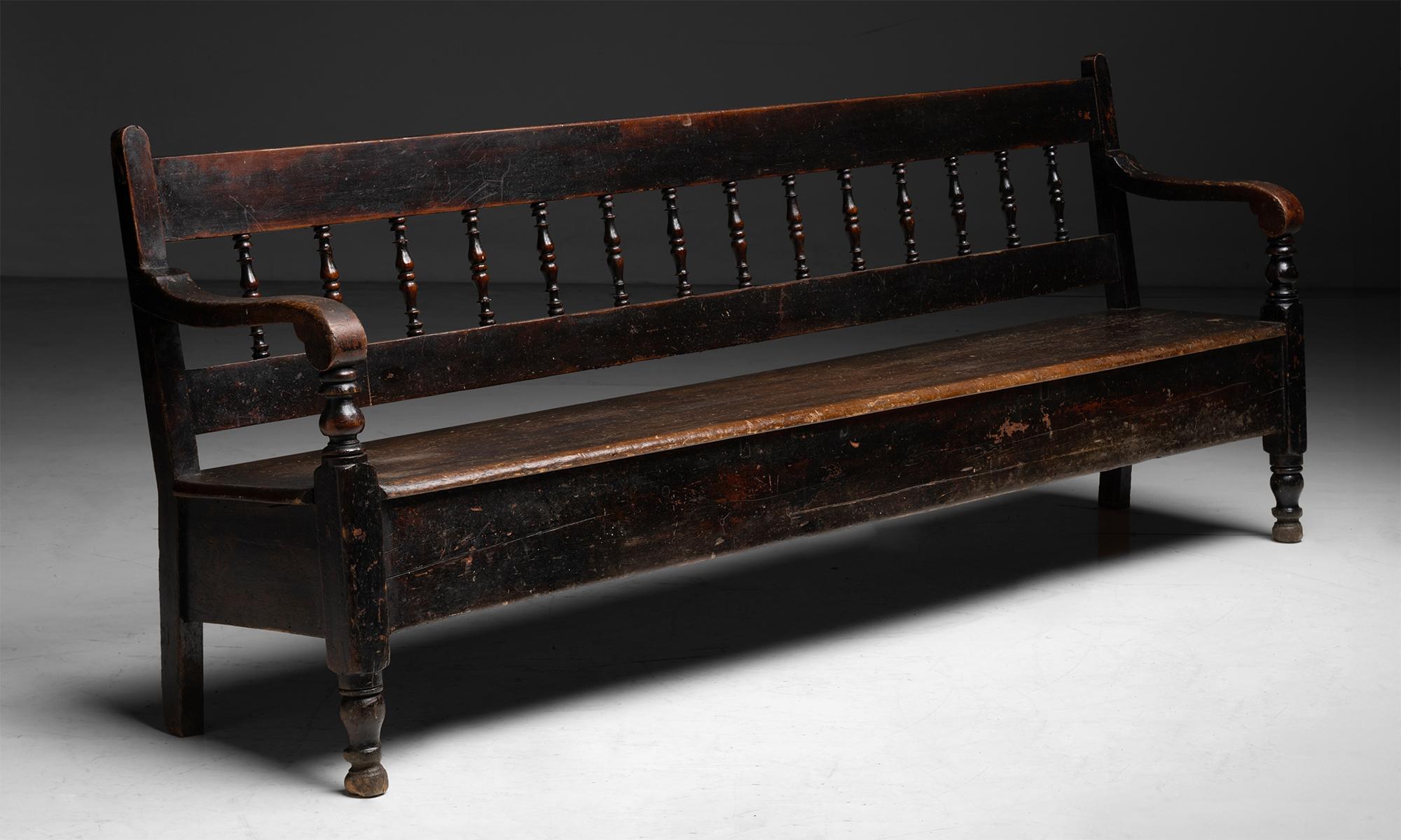 Monumental Pine Hall Bench

England cica 1890

97.25”L x 20.5”d x 37.75”h x 18”seat