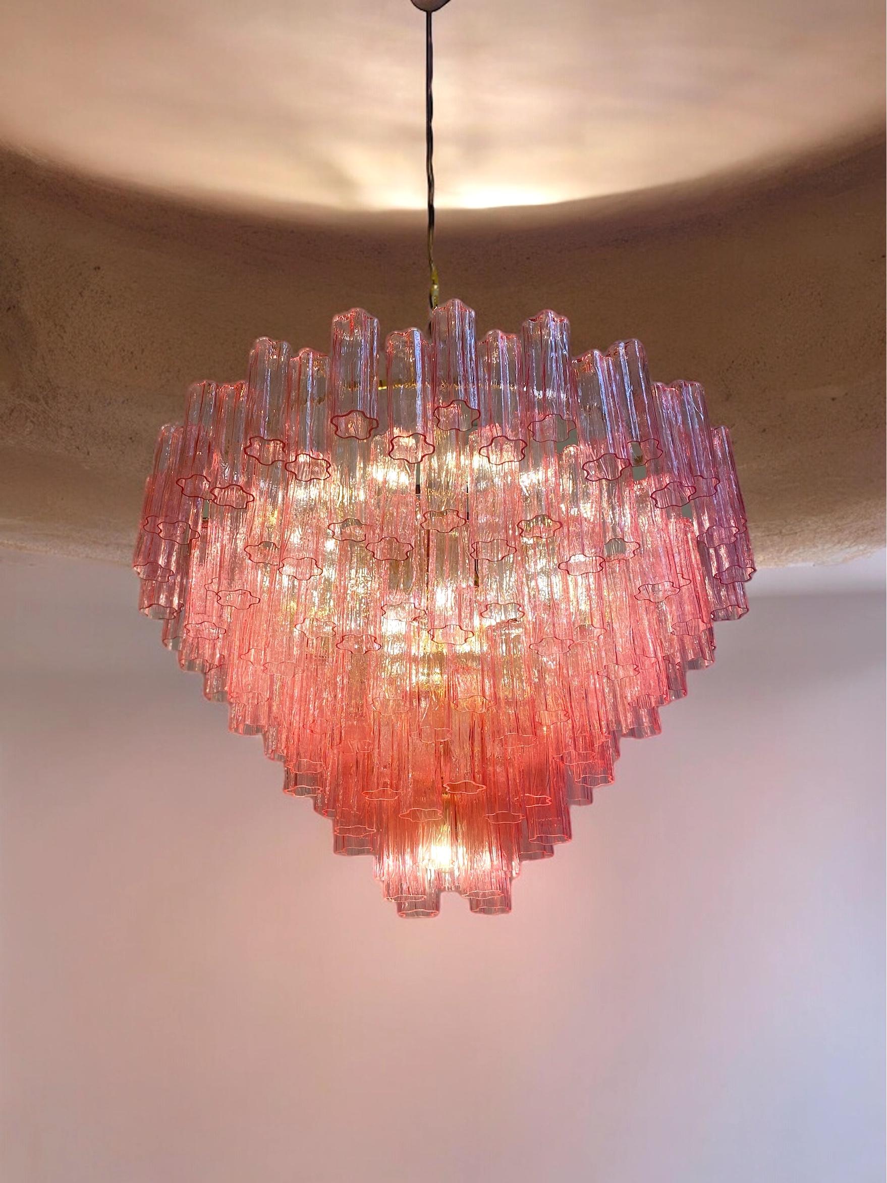 Monumental lustre ou plafonnier Tronchi en verre de Murano rose et transparent en vente 5
