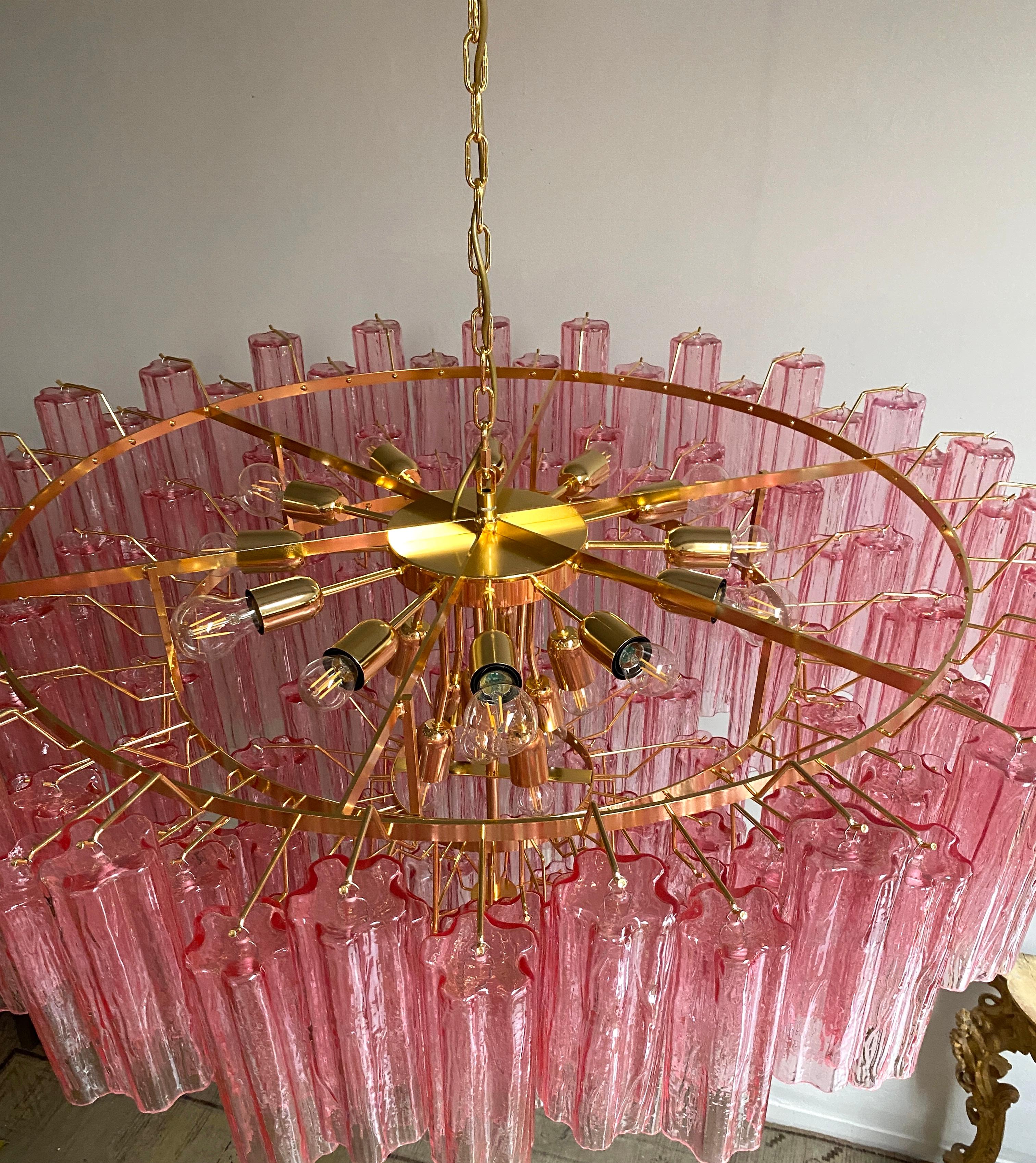 Monumental lustre ou plafonnier Tronchi en verre de Murano rose et transparent en vente 8
