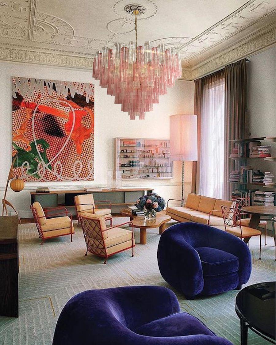 Monumental lustre ou plafonnier Tronchi en verre de Murano rose et transparent en vente 1