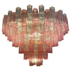 Monumental lustre ou plafonnier Tronchi en verre de Murano rose et transparent