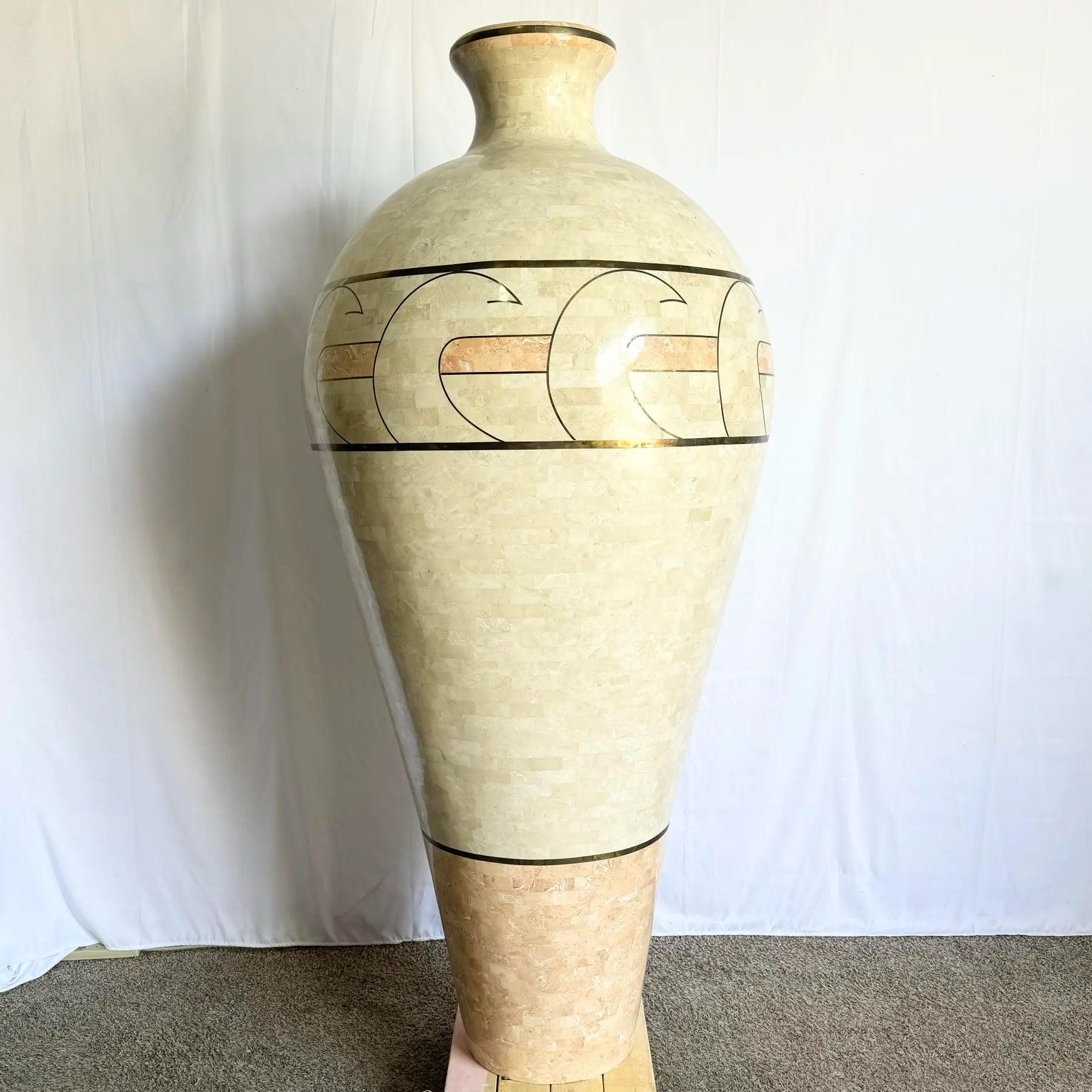 Monumental Polished Beige & Pink Tessellated Stone Floor Vase With Inlaid Brass For Sale 5